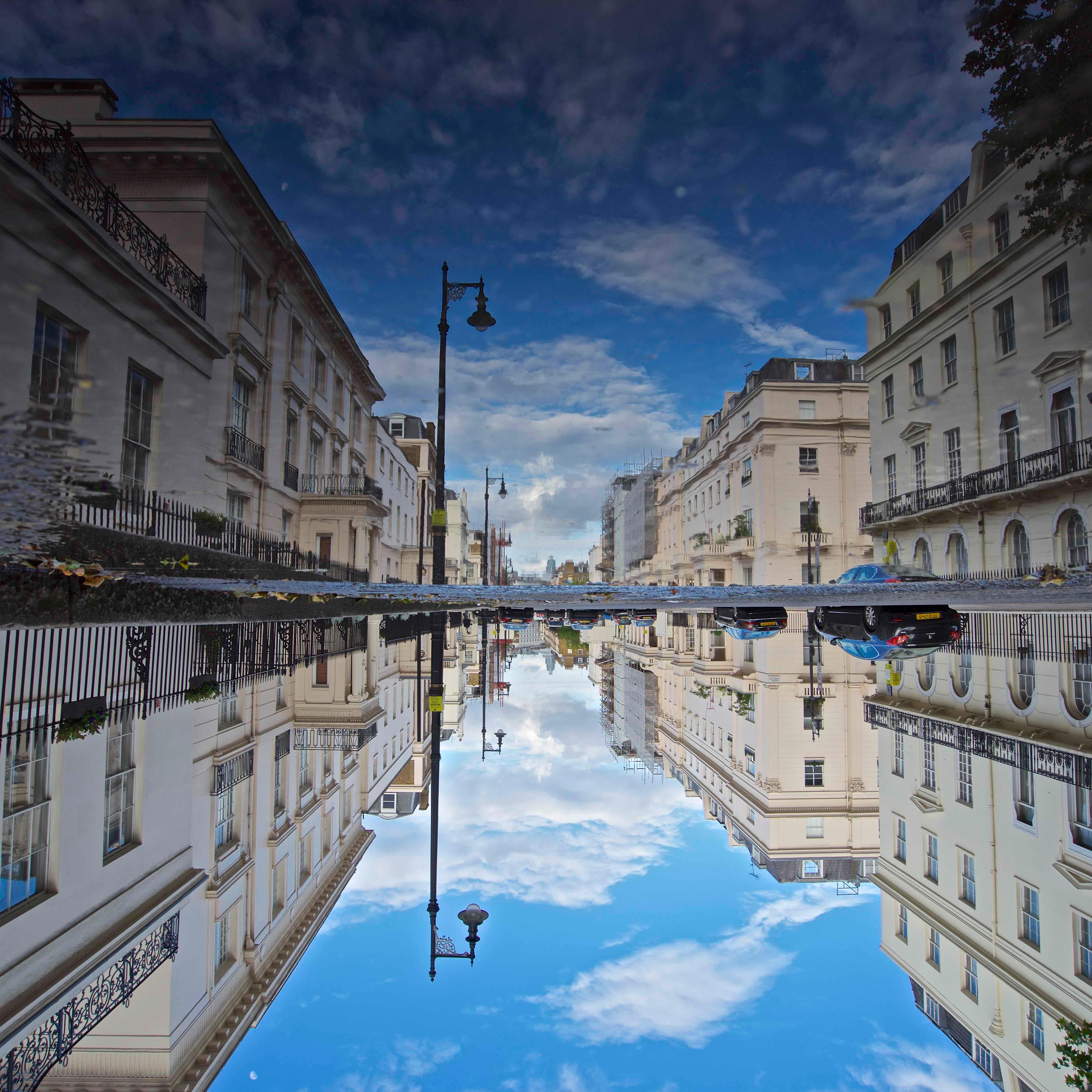 Philip Shalam Color Photograph -  BELGRAVIA, LONDON - INVERTED PUDDLE REFLECTION - BY PHOTOGRAPHER PHILIP SHALAM