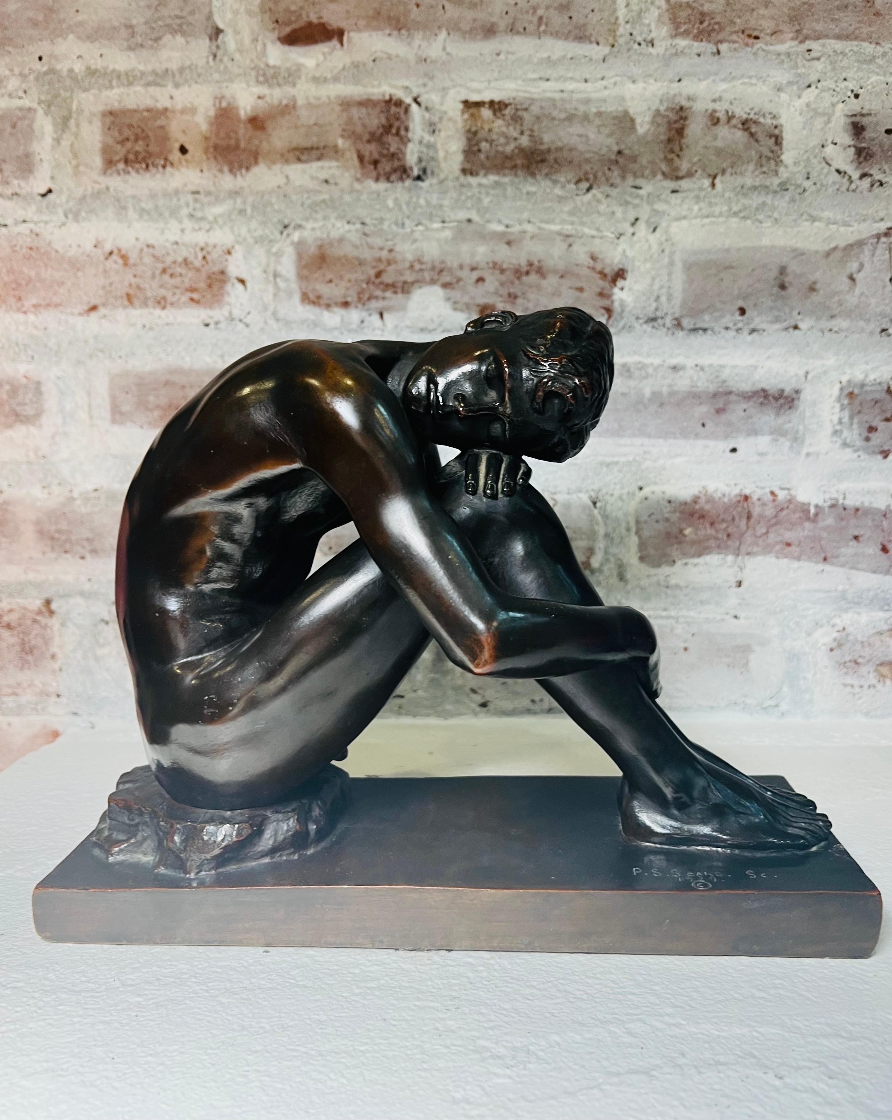 1929 American Male Academic Nude Crouching Bronze Sculpture EXCELLENT DETAILS For Sale 7