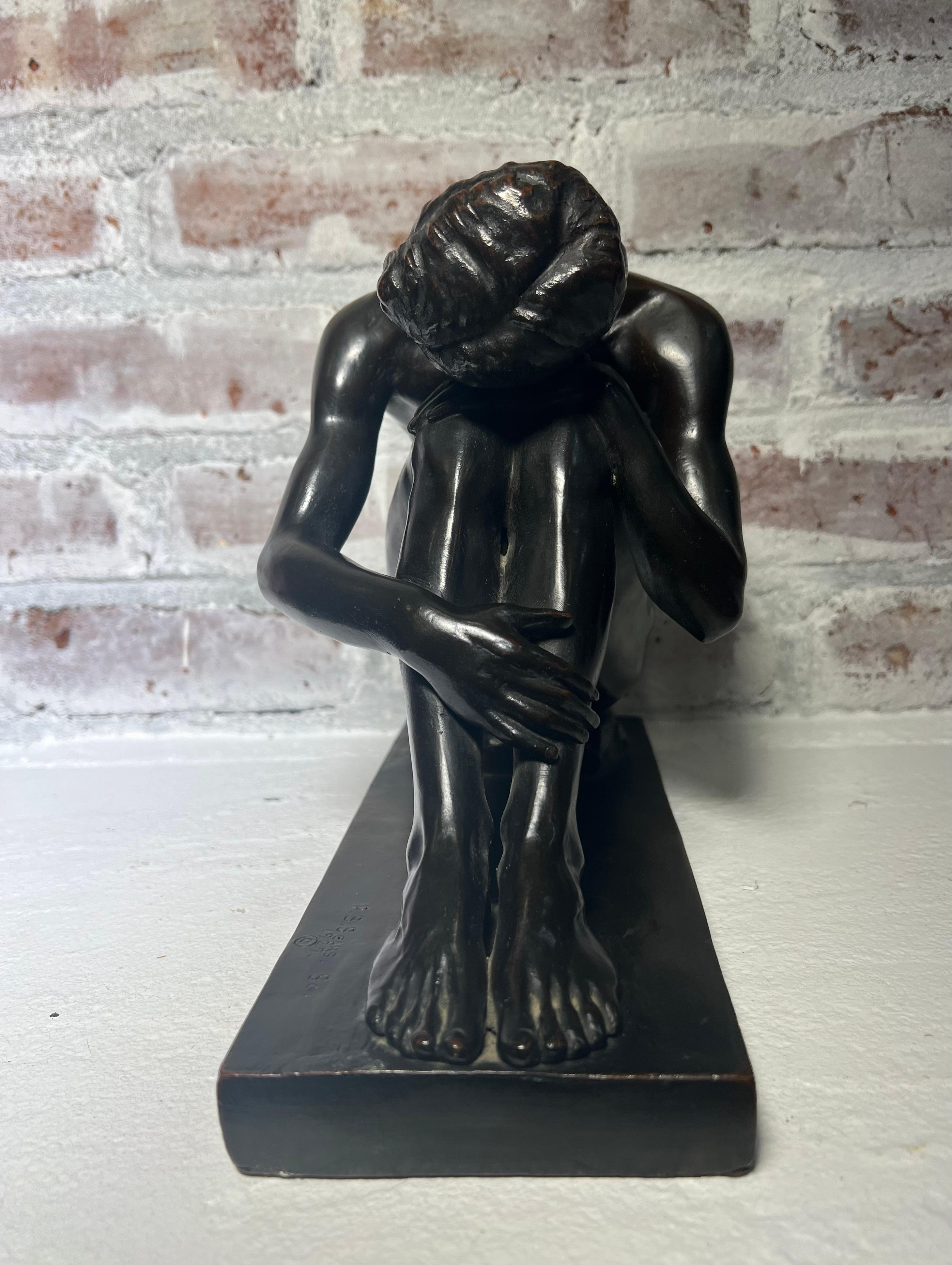 1929 American Male Academic Nude Crouching Bronze Sculpture EXCELLENT DETAILS For Sale 1