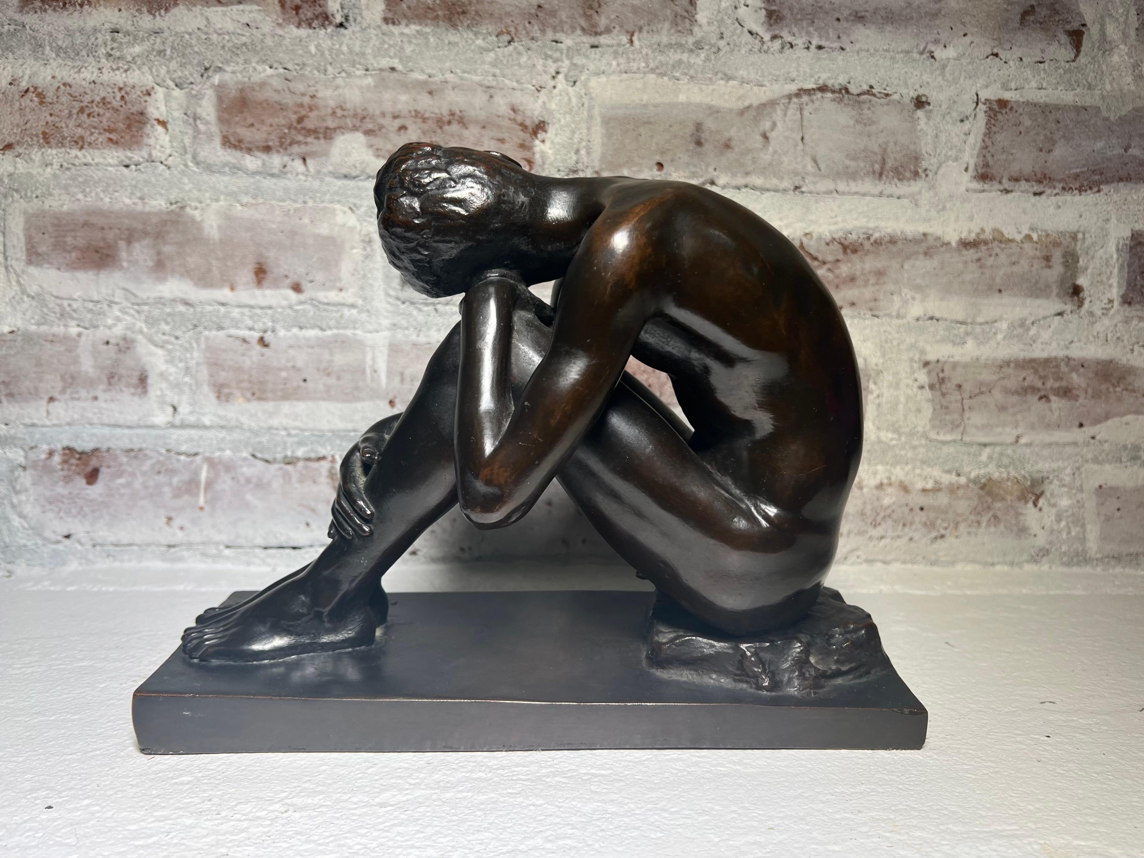 1929 American Male Academic Nude Crouching Bronze Sculpture EXCELLENT DETAILS For Sale 3