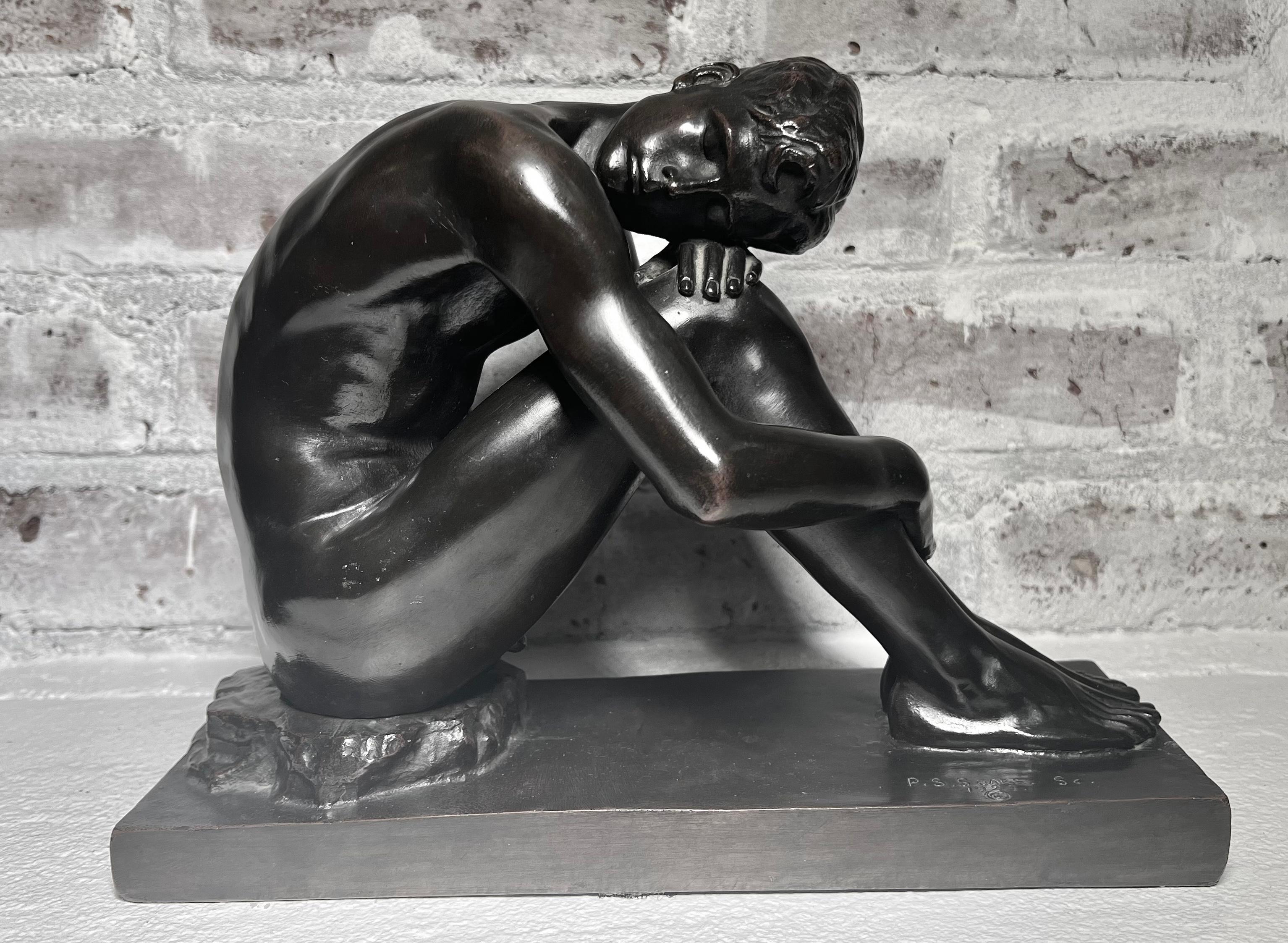 Philip Shelton sears Nude Sculpture - 1929 American Male Academic Nude Crouching Bronze Sculpture EXCELLENT DETAILS