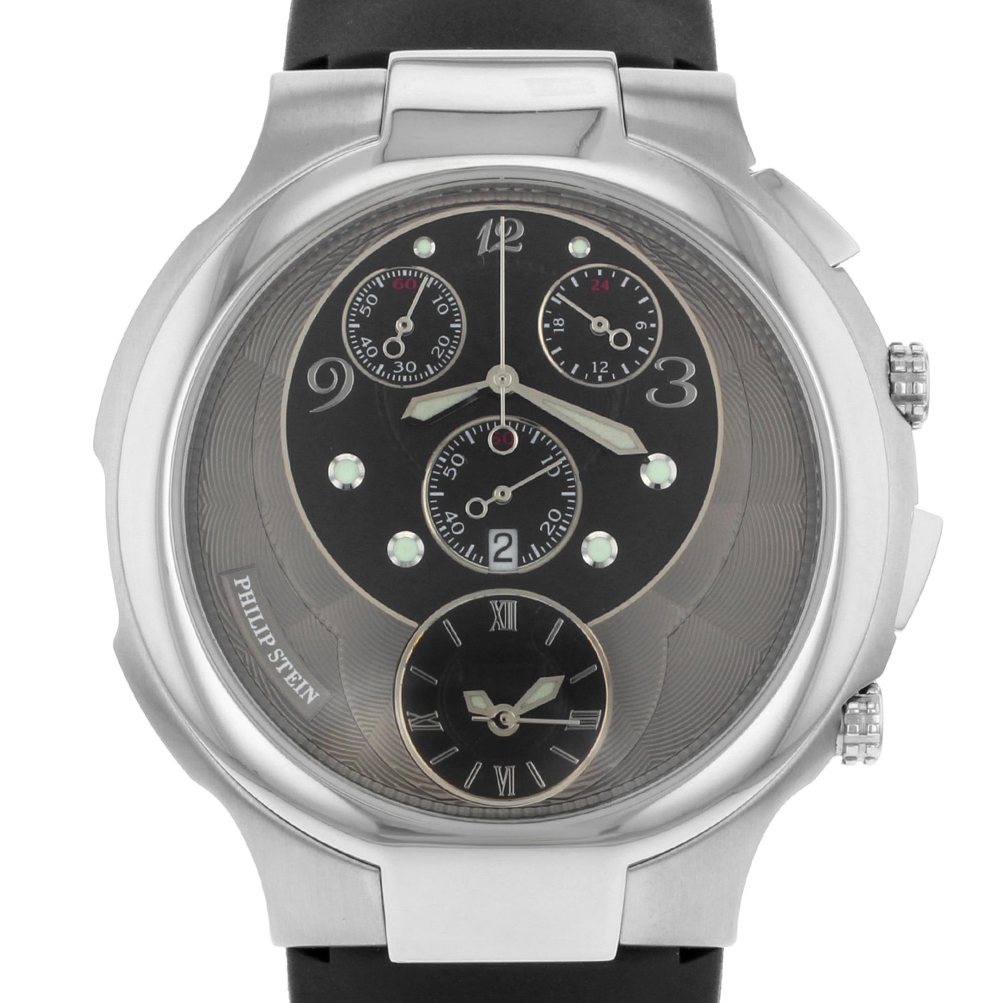 This pre-owned Philip Stein Chrono  9-CRB3-CB is a beautiful men's timepiece that is powered by a quartz movement which is cased in a stainless steel case. It has a round shape face, chronograph, date, dual time, small seconds subdial dial and has