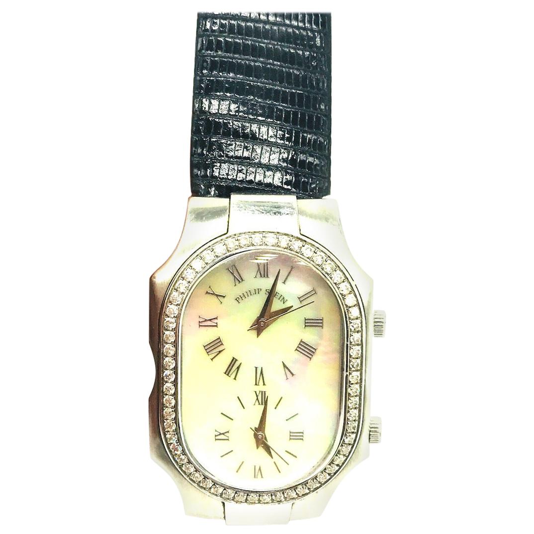 Philip Stein, Mothern of Pearl and 1 Carat Diamond, 2-Time Zone Watch For Sale