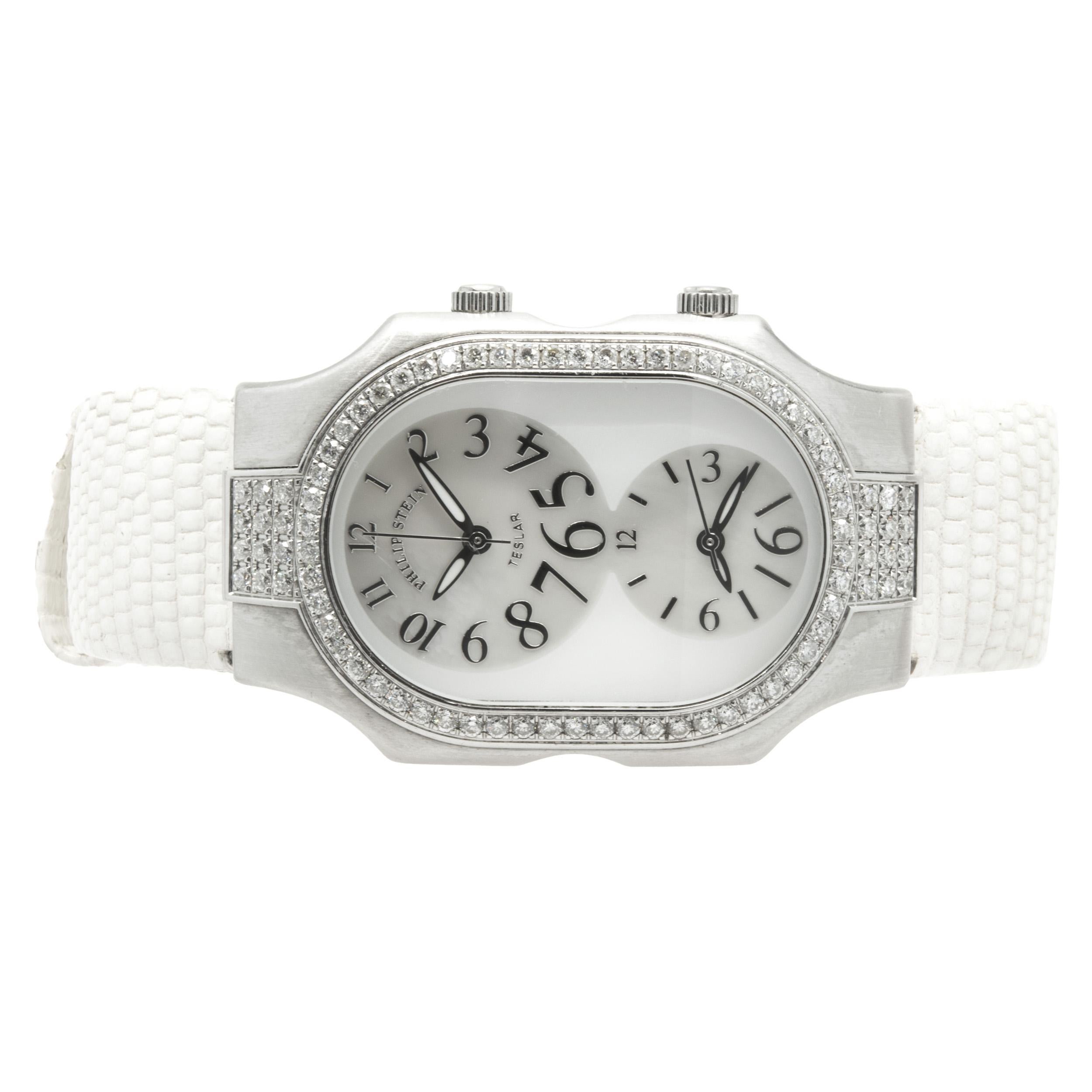 Movement: quartz
Function: hours, minutes, seconds, dual time
Case: 32mm stainless steel case with sapphire crystal, diamond bezel, stainless steel winding crowns, water resistant to 30 meters
Band: white lizard strap, buckle
Dial: mother of