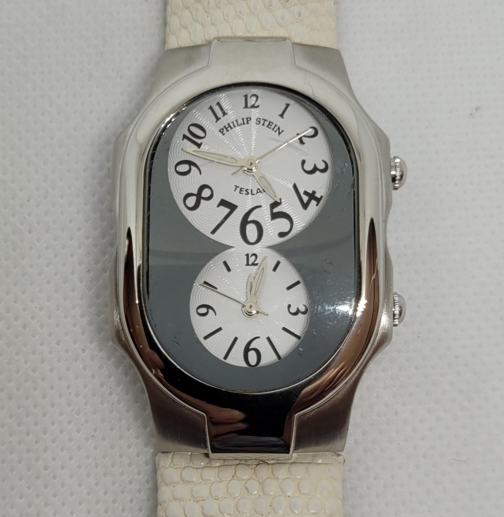 Philip Stein Watch Dual Teslar White Leather Stainless Steel Case 48mm x 30mm For Sale 5