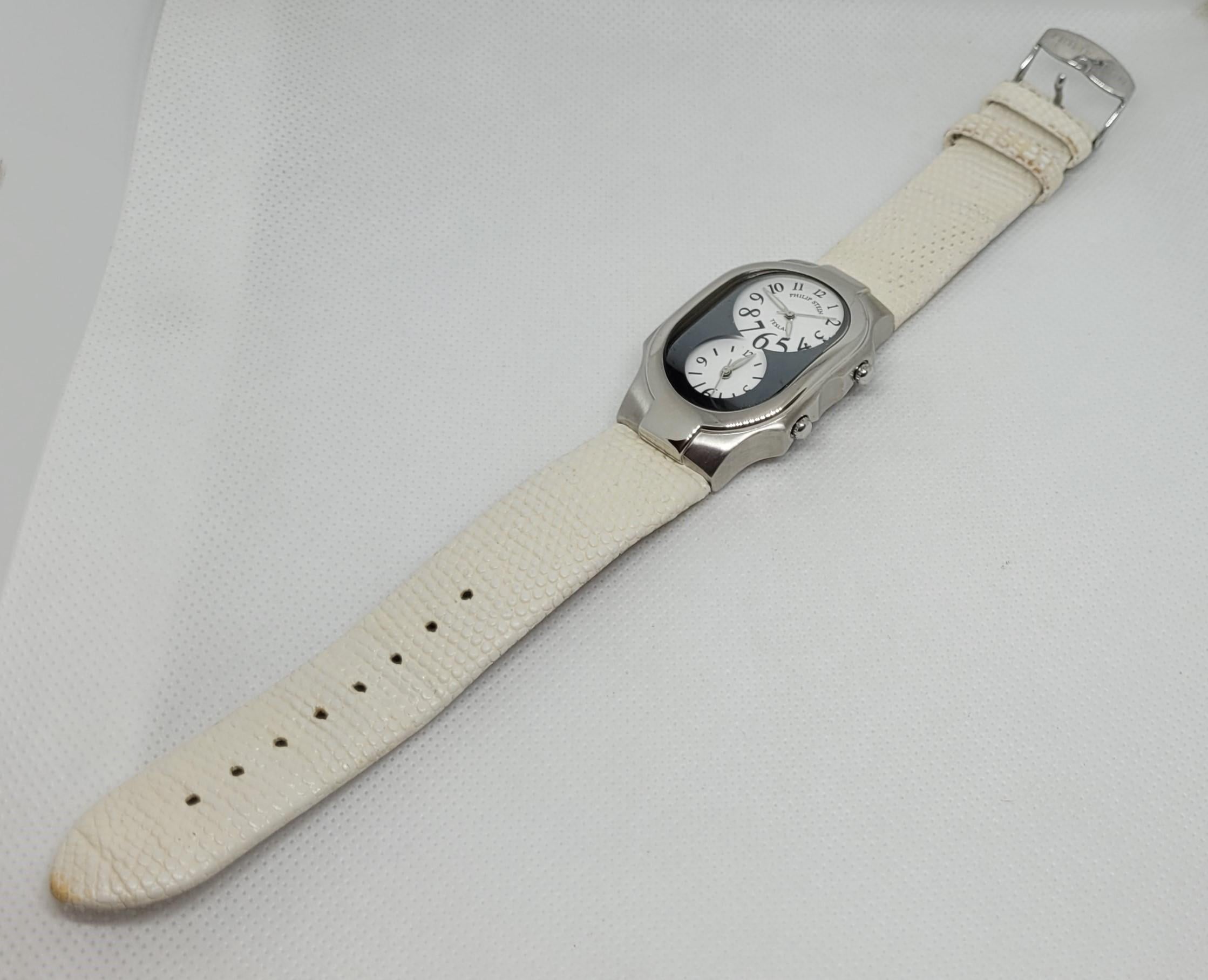 Philip Stein Watch Dual Teslar White Leather Stainless Steel Case 48mm x 30mm For Sale 3
