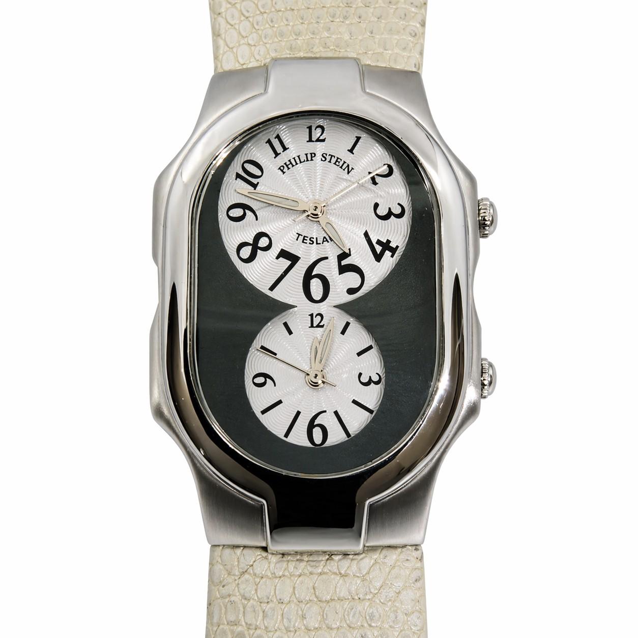 Philip Stein Uhr Dual Teslar Weißes Leder Edelstahl-Etui 48 mm x 30 mm im Angebot