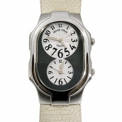 Philip Stein Uhr Dual Teslar Weißes Leder Edelstahl-Etui 48 mm x 30 mm