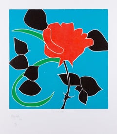 Rosa delle Fiji, stampa grafica a colori blu e rossa con fiore, 1973
