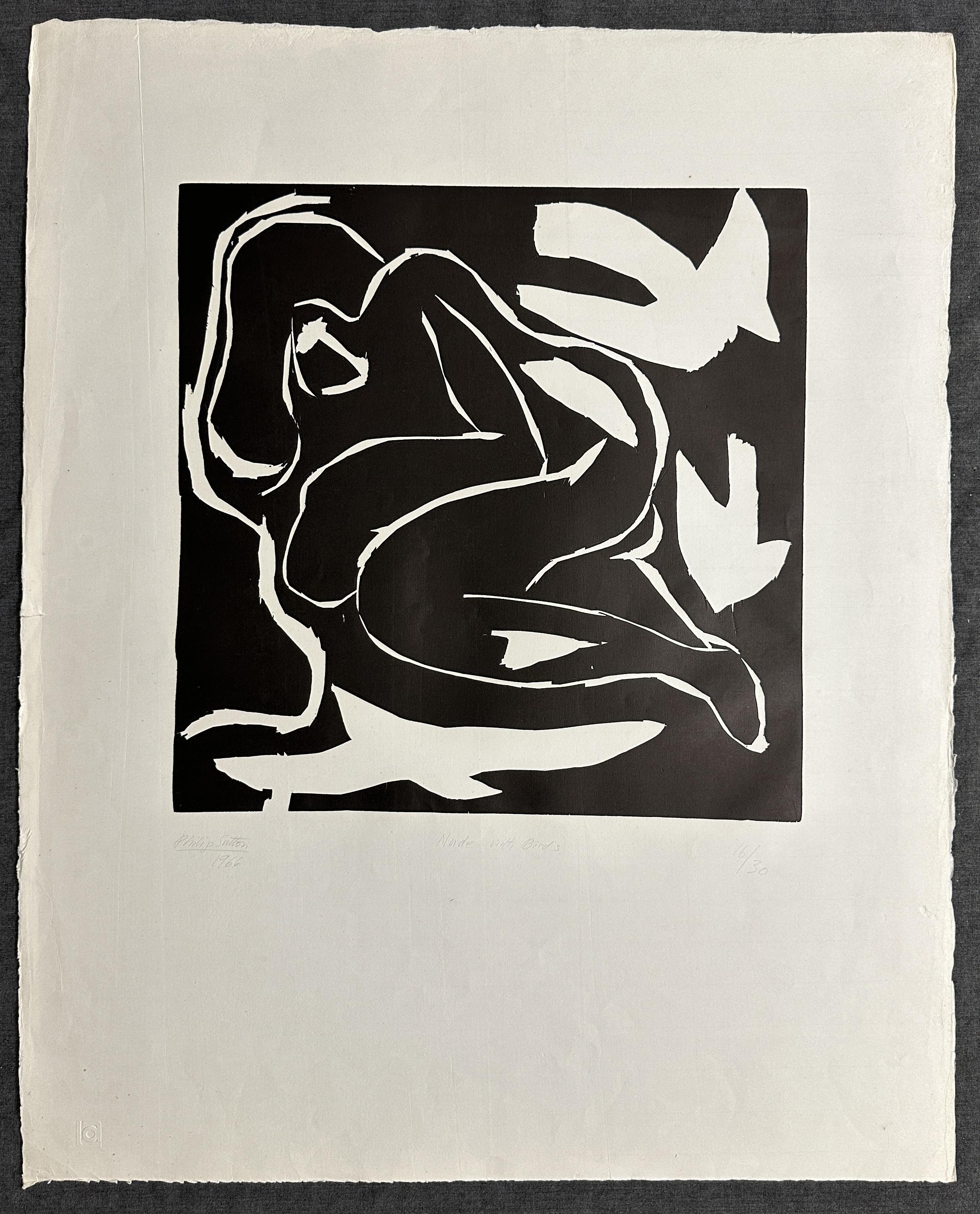 Nude with Birds 1966  Signed Limited Edition Large Woodcut  - Print by Philip Sutton