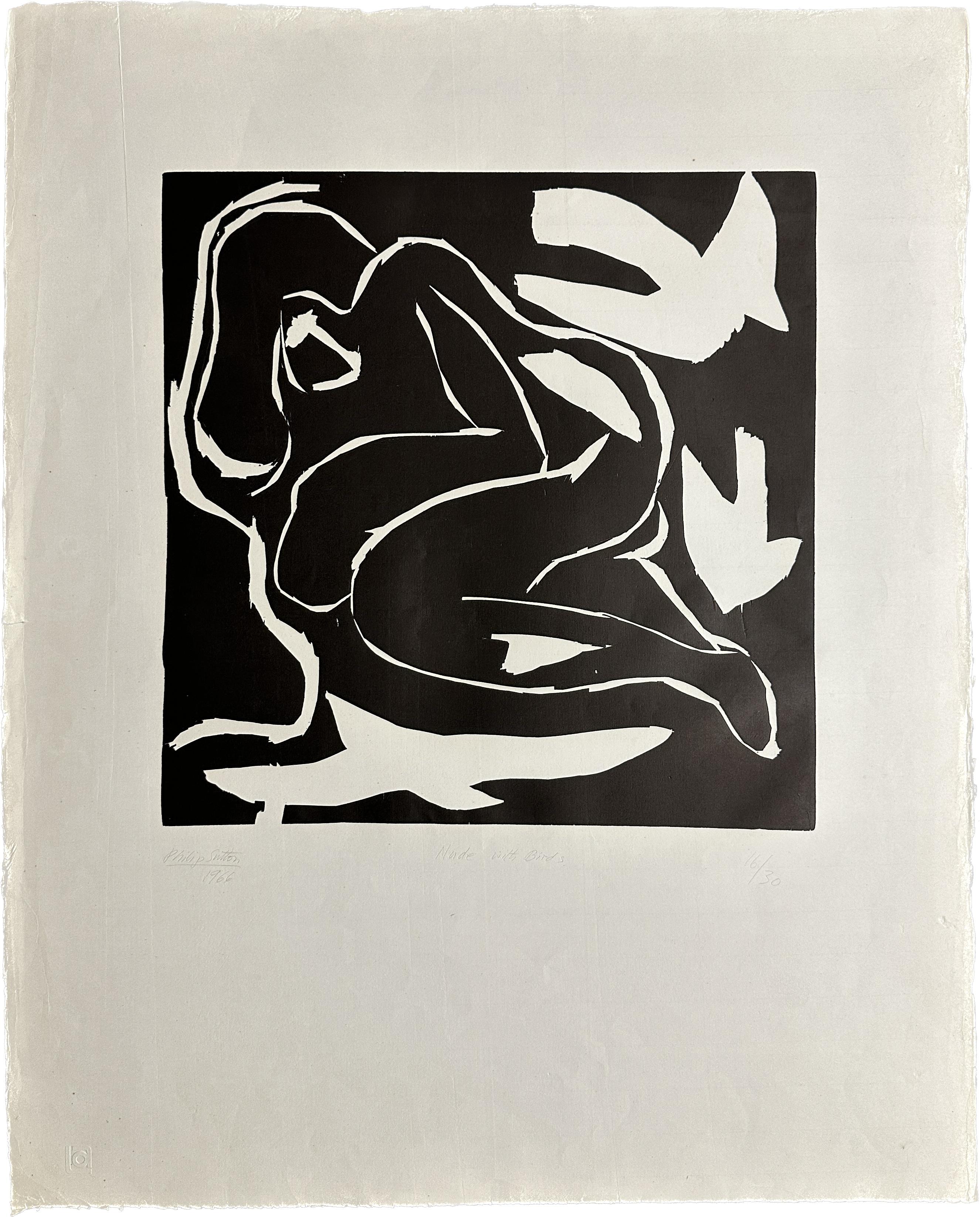 Philip Sutton Figurative Print - Nude with Birds 1966  Signed Limited Edition Large Woodcut 