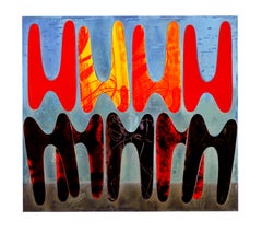 Sans titre par Philip Taaffe (formes rouges et noires abstraites sur fond bleu)