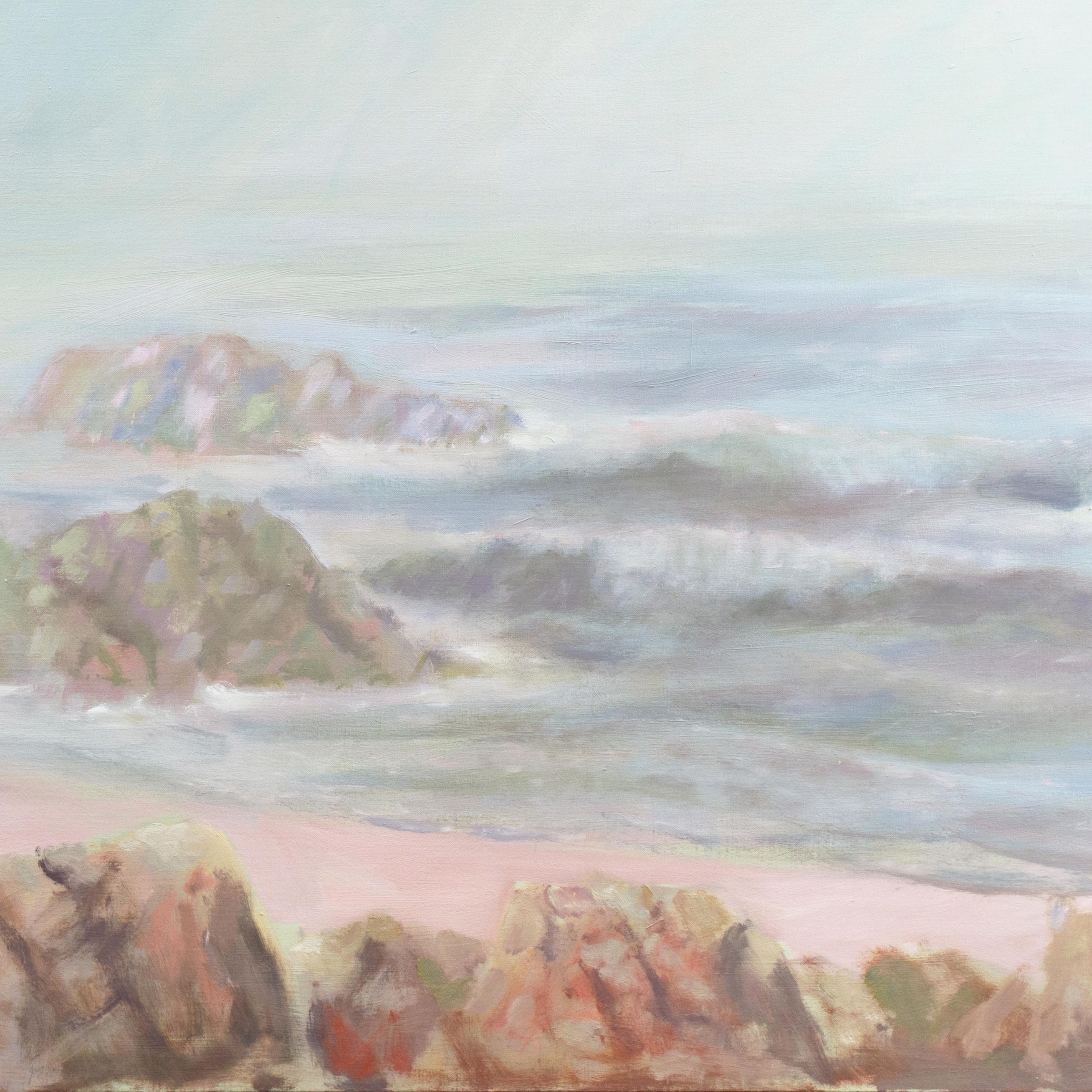 Signed lower left, 'P. Thorngate' for Philip Thorngate (American, 1932-2003) and painted circa 1994; Bearing old Carmel Art Association exhibition label verso. 

A substantial, oil coastal landscape showing a view of the morning mists on the rocky