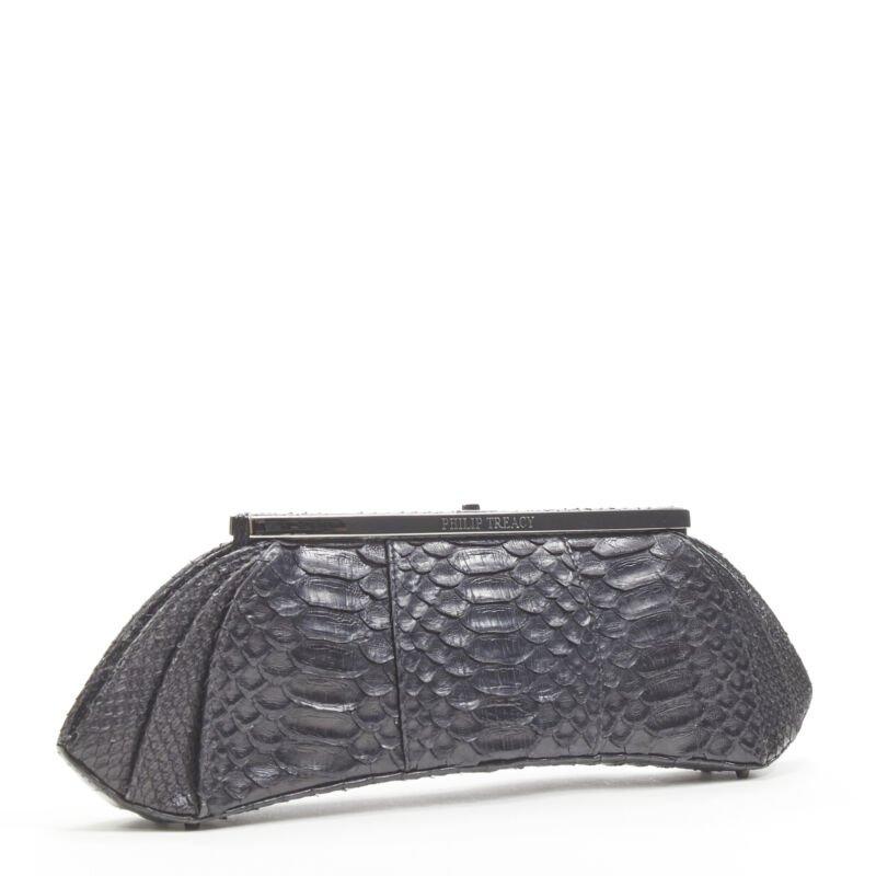 Gray PHILIP TREACY black scaled leather silver metal clasp evening clutch bag For Sale