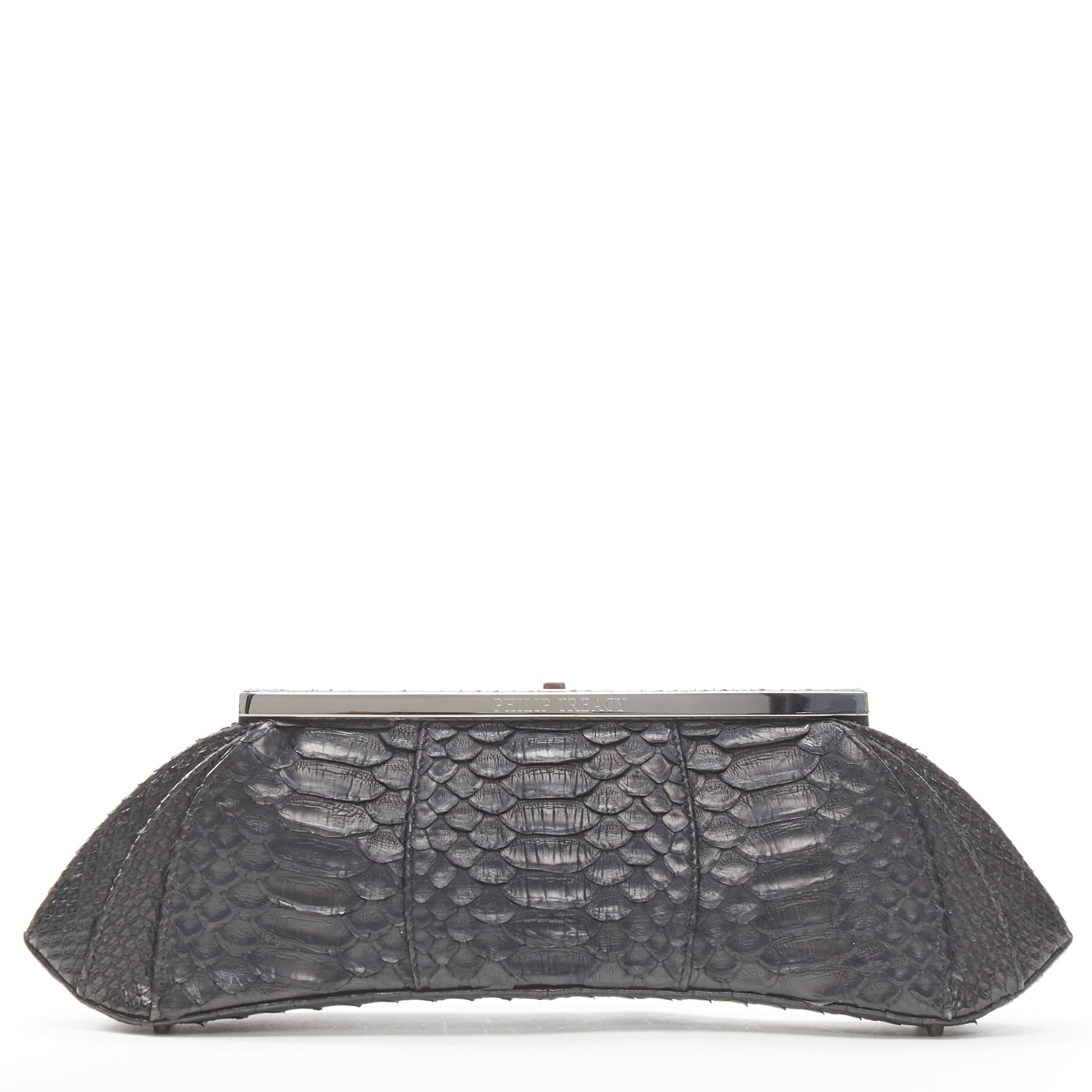 Women's PHILIP TREACY black scaled leather silver metal clasp evening clutch bag For Sale