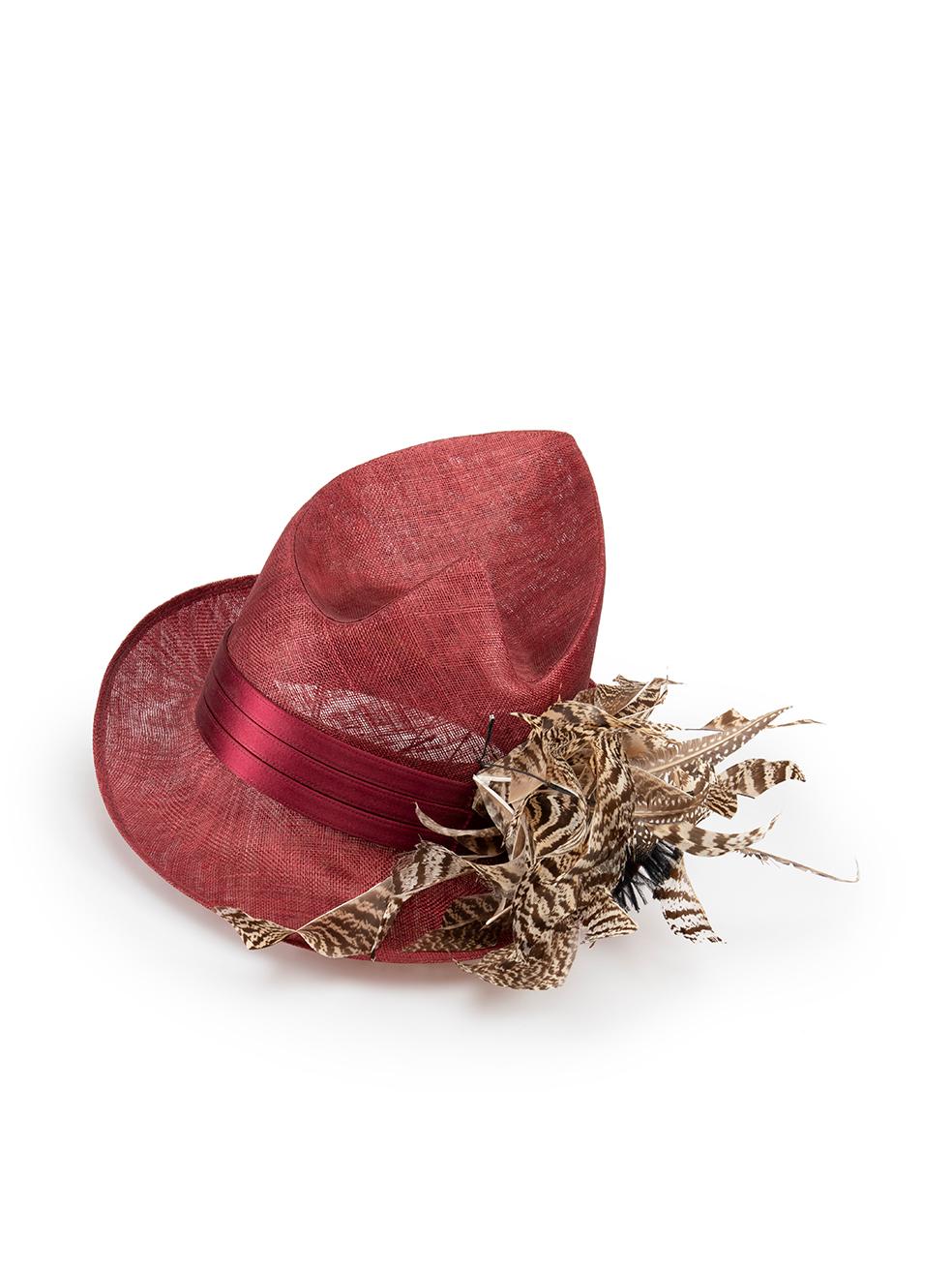 CONDITION is Good. Minor wear to hat is evident. Light wear to feather trim where some trim is deformed and coming loose on this used Philip Treacy designer resale item. 

Details
Burgundy
Cloth textile 
Ascot hat
Feather accent
Elasticated