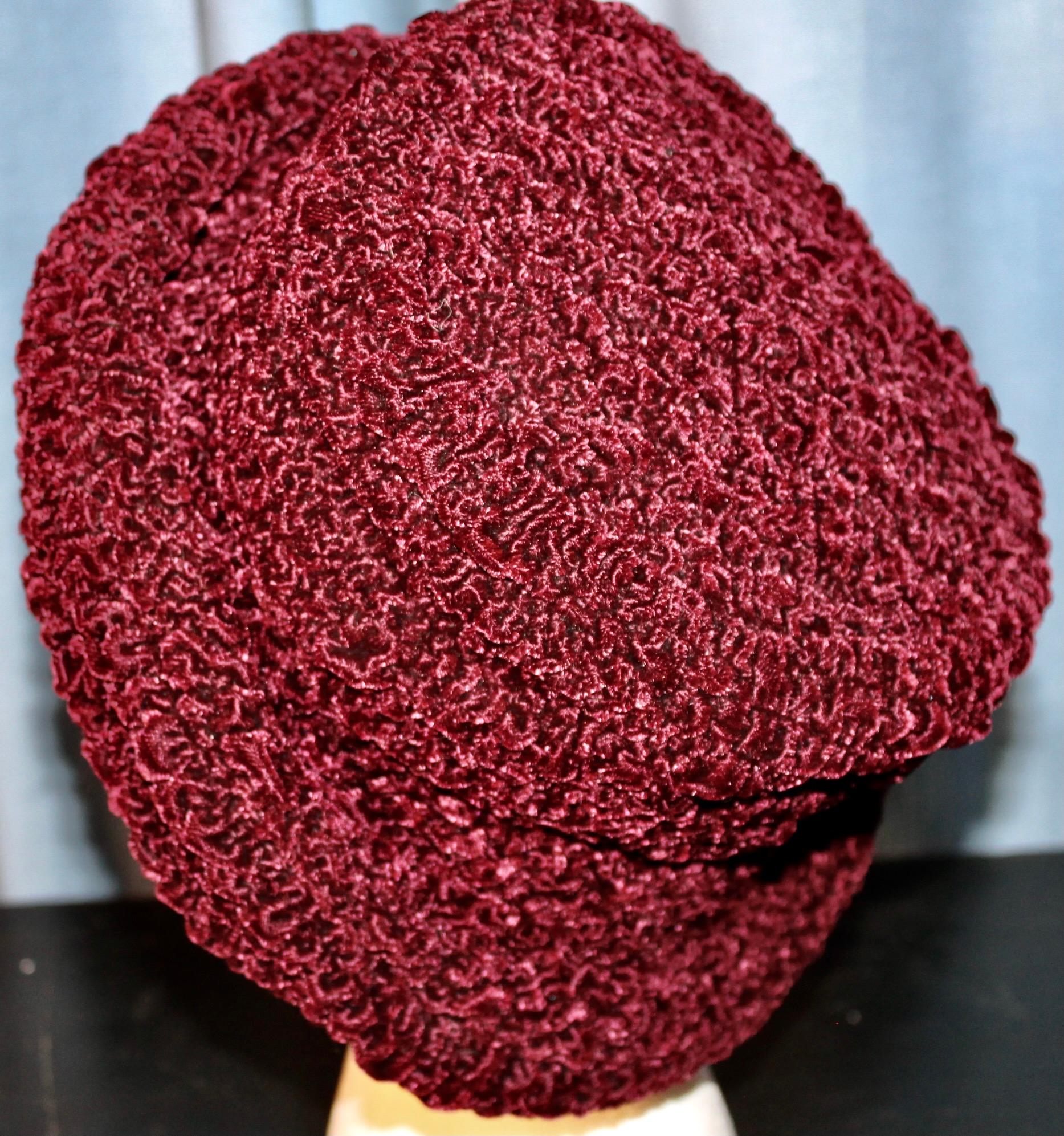 Philip Treacy Cranberry Rushed Velvet Hat In Excellent Condition For Sale In Sharon, CT