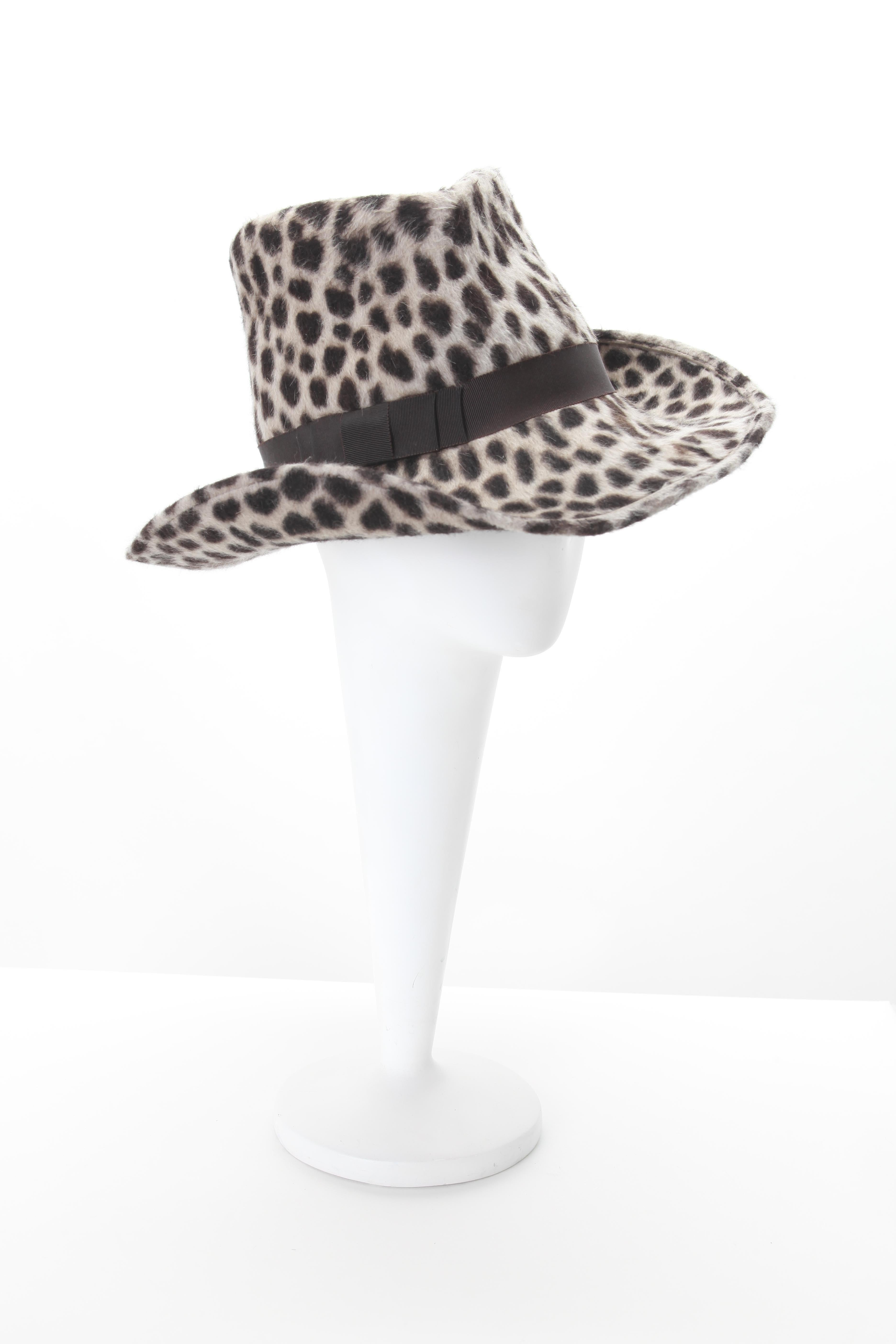 Philip Treacy Leopard Print Felt Fedora with grosgrain band. Interior diameter approx. 22