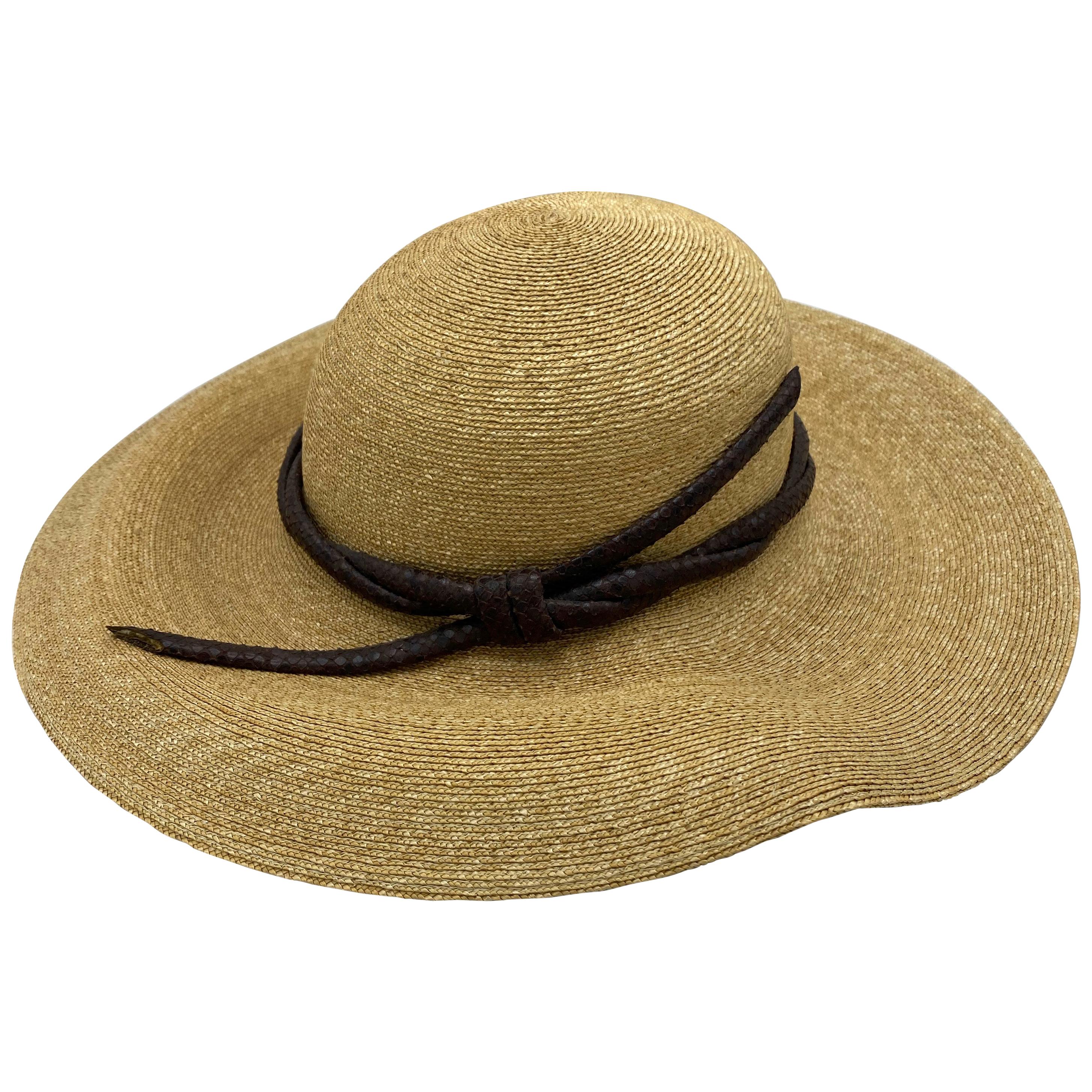 Philip Treacy London Beige Straw and Brown Animal Skin Leather Hat 