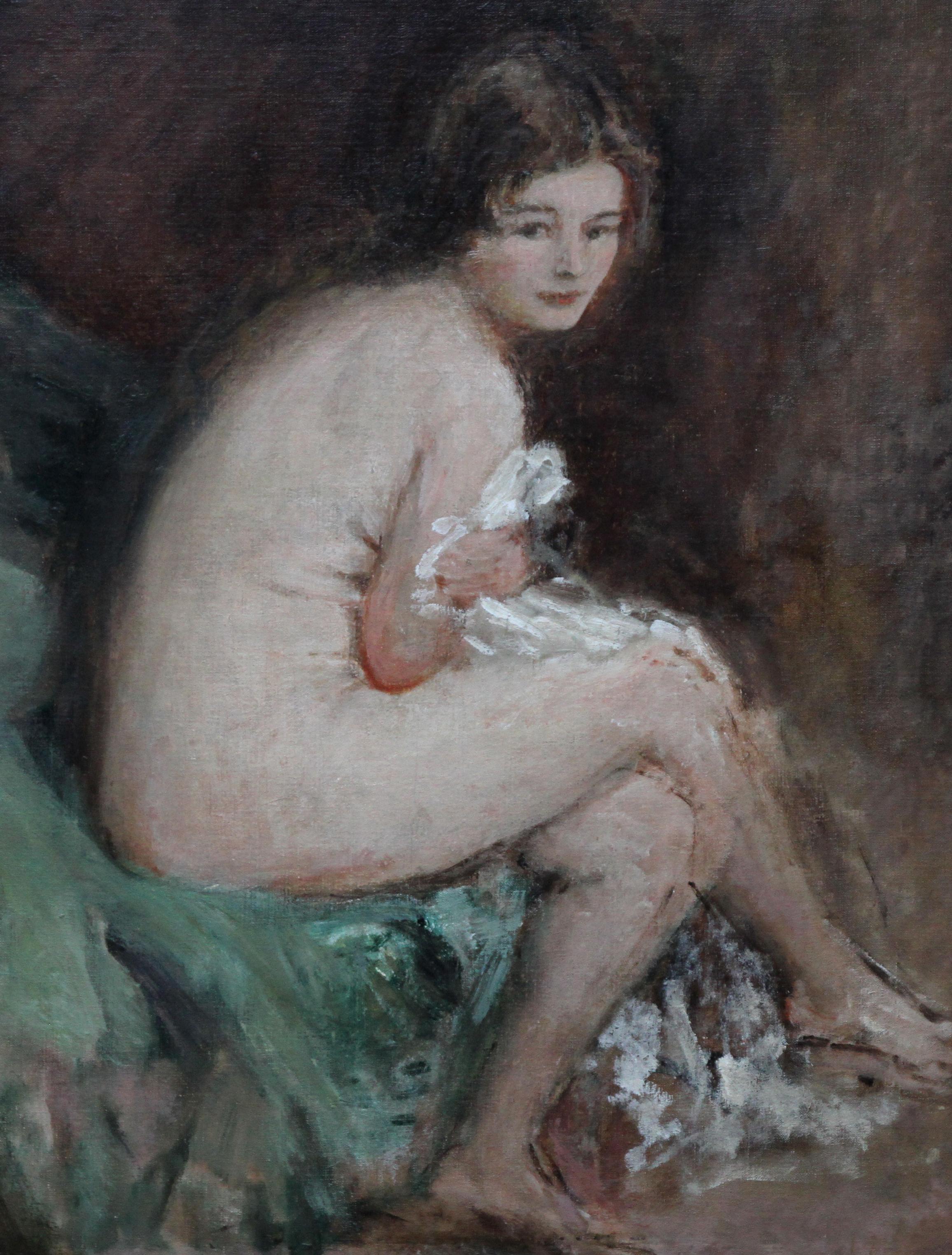 This charming oil on canvas Impressionist painting is by British artist Philip Wilson Steer and has excellent provenance. The painting is circa 1920 and of a demure seated nude young woman, whom Christies called Susannah. She is holding a robe or