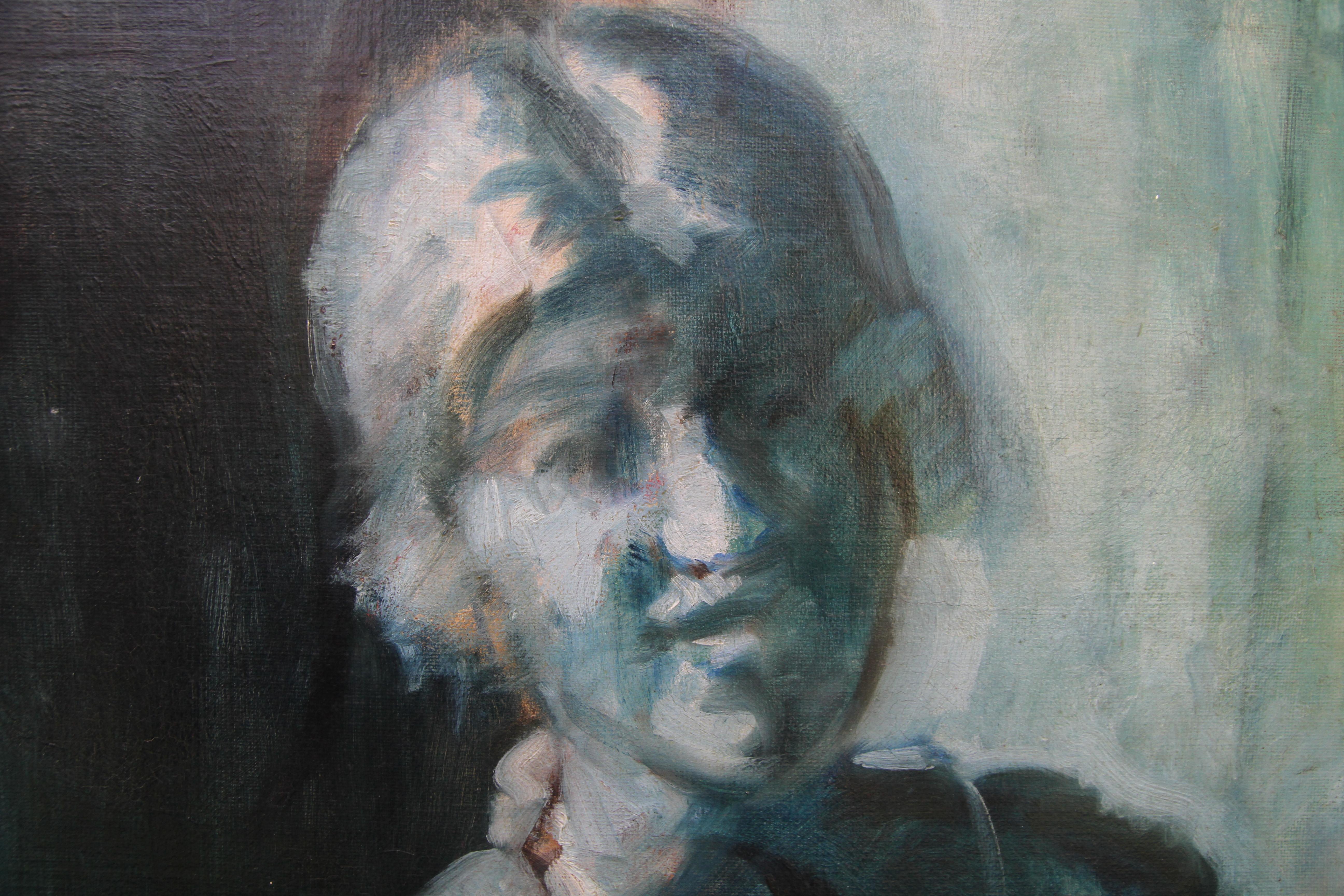 Porträt einer Frau - Blau - Britisches edwardianisches impressionistisches Ölgemälde  im Angebot 1
