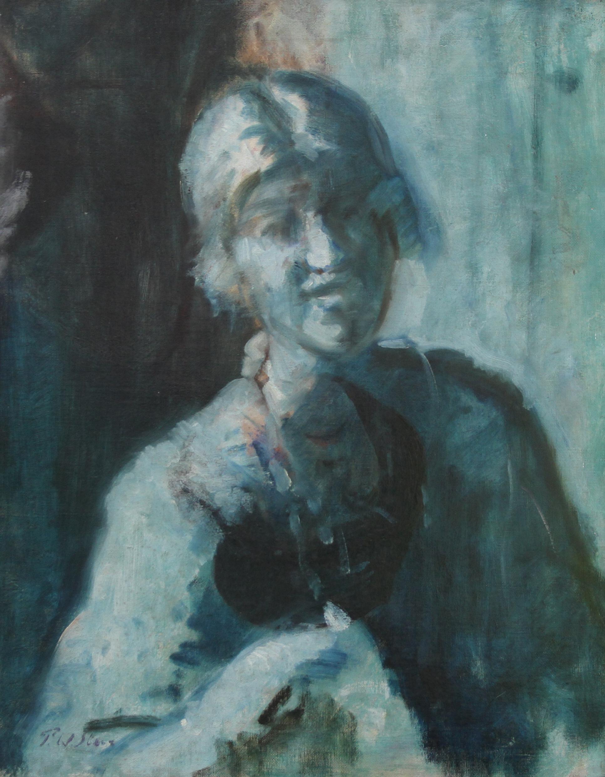 Portrait d'une femme - Bleu - Peinture à l'huile impressionniste édouardienne britannique  en vente 3