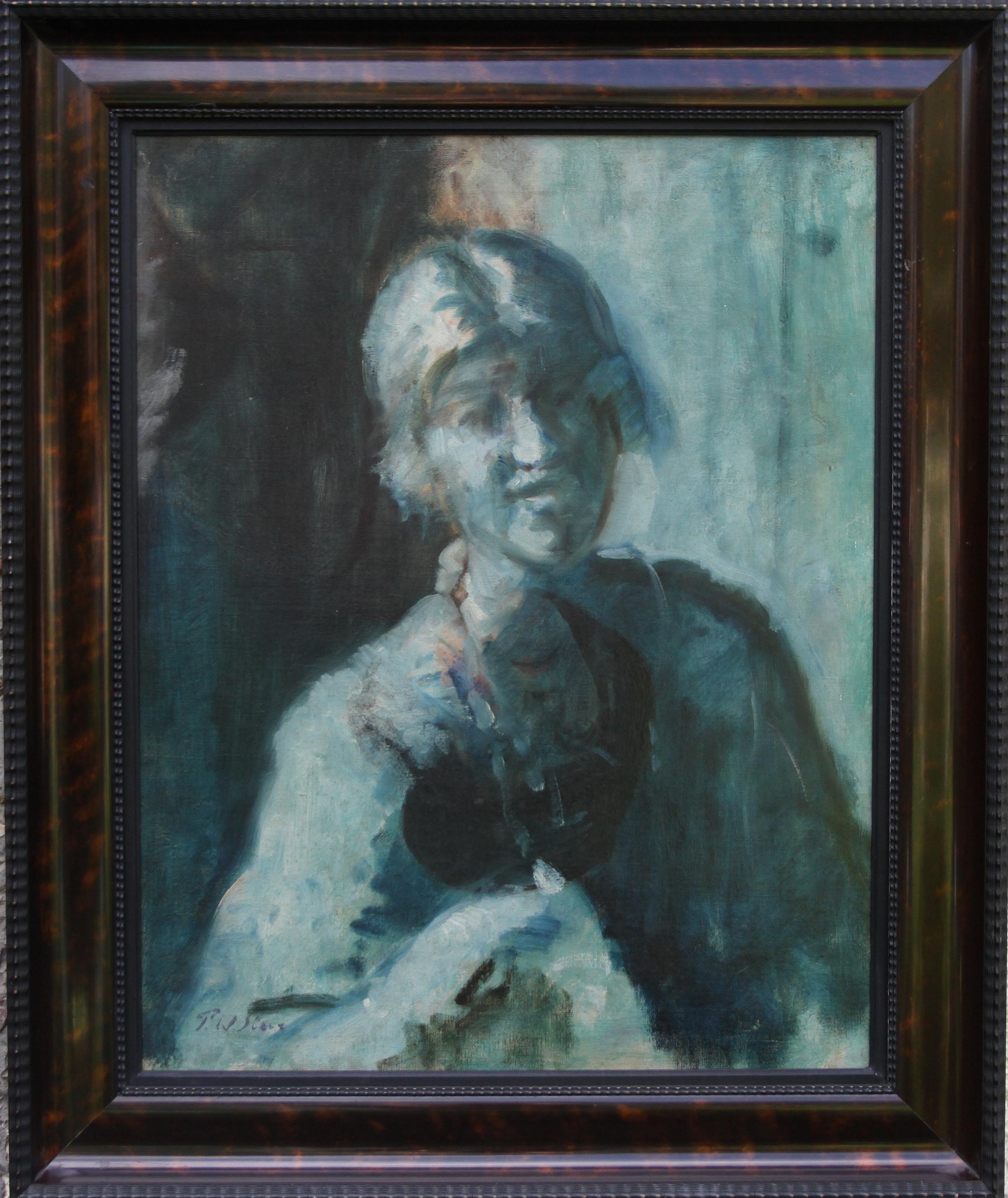 Porträt einer Frau - Blau - Britisches edwardianisches impressionistisches Ölgemälde  im Angebot 4