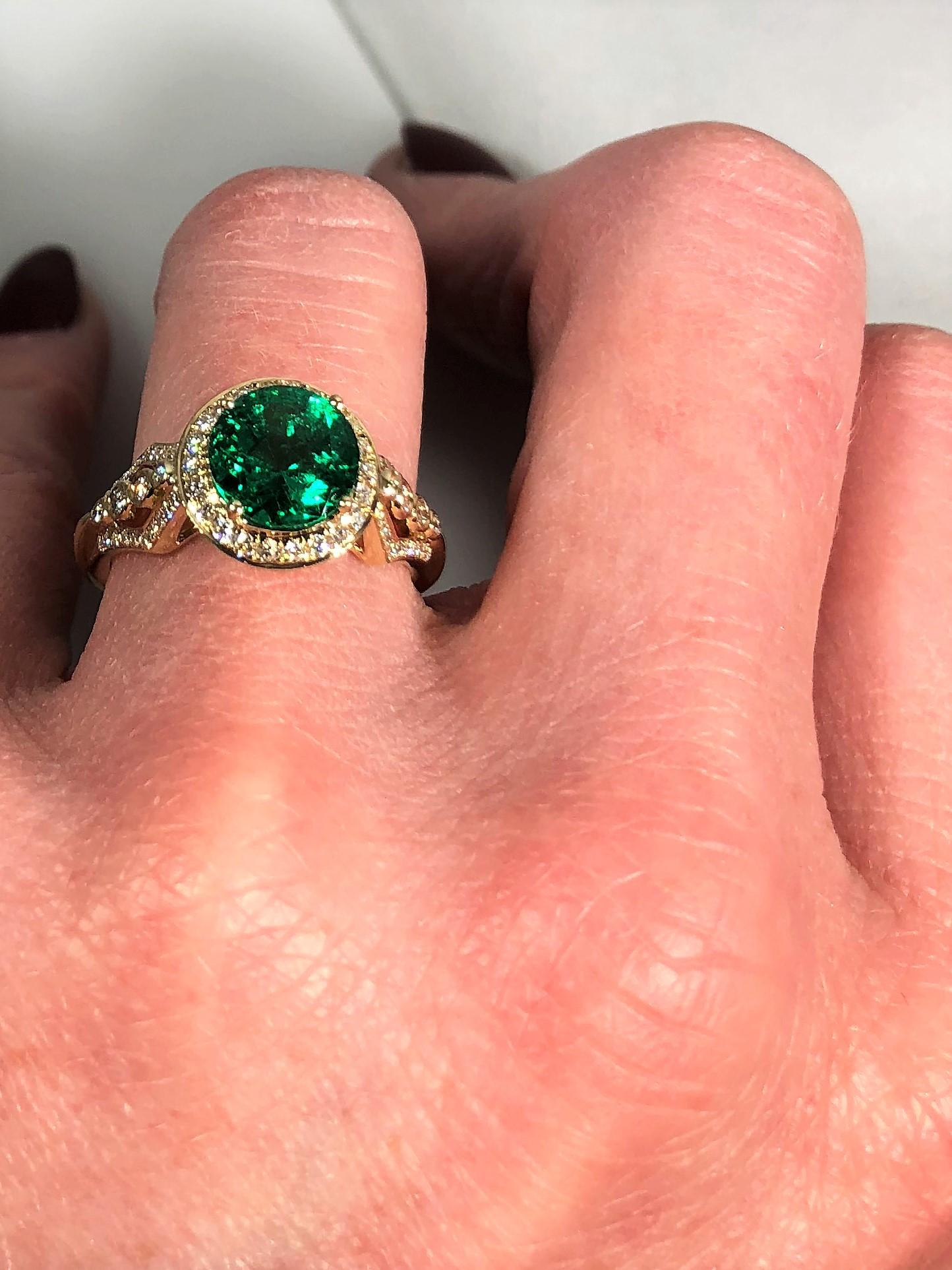 Philip Zahm Designs 18 Karat 1.81 Carat Round Zambian Emerald and Diamond Ring 5
