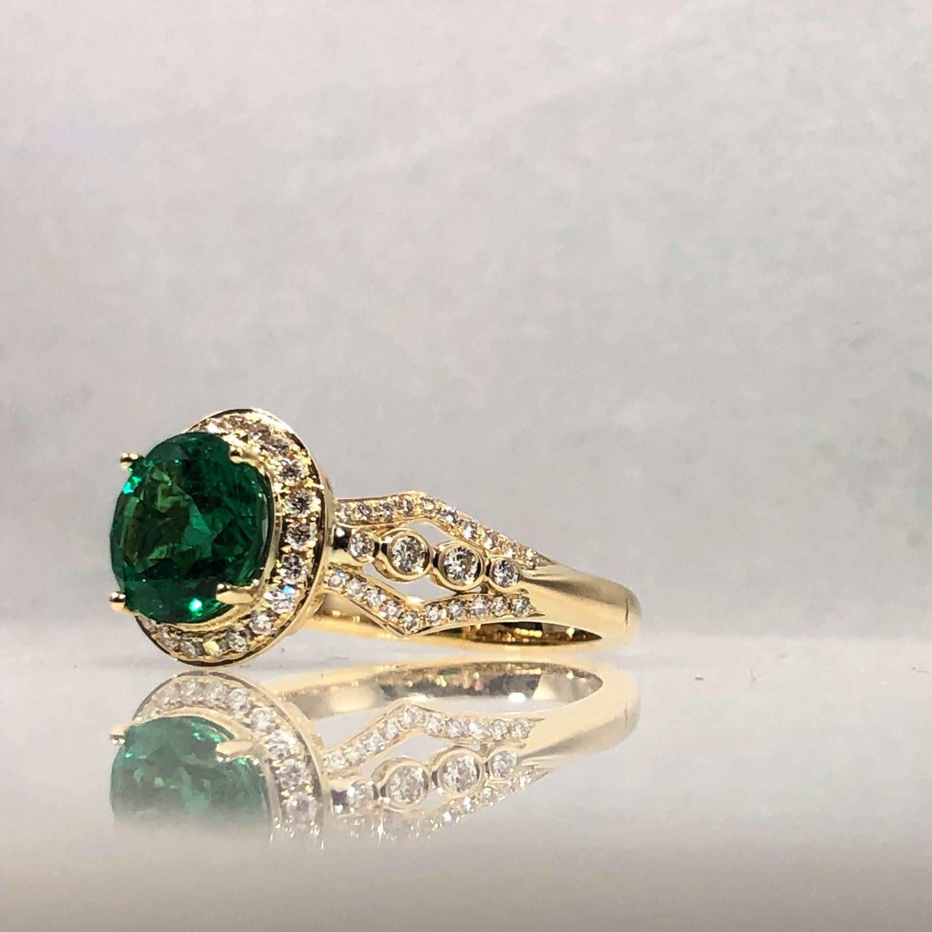 Round Cut Philip Zahm Designs 18 Karat 1.81 Carat Round Zambian Emerald and Diamond Ring