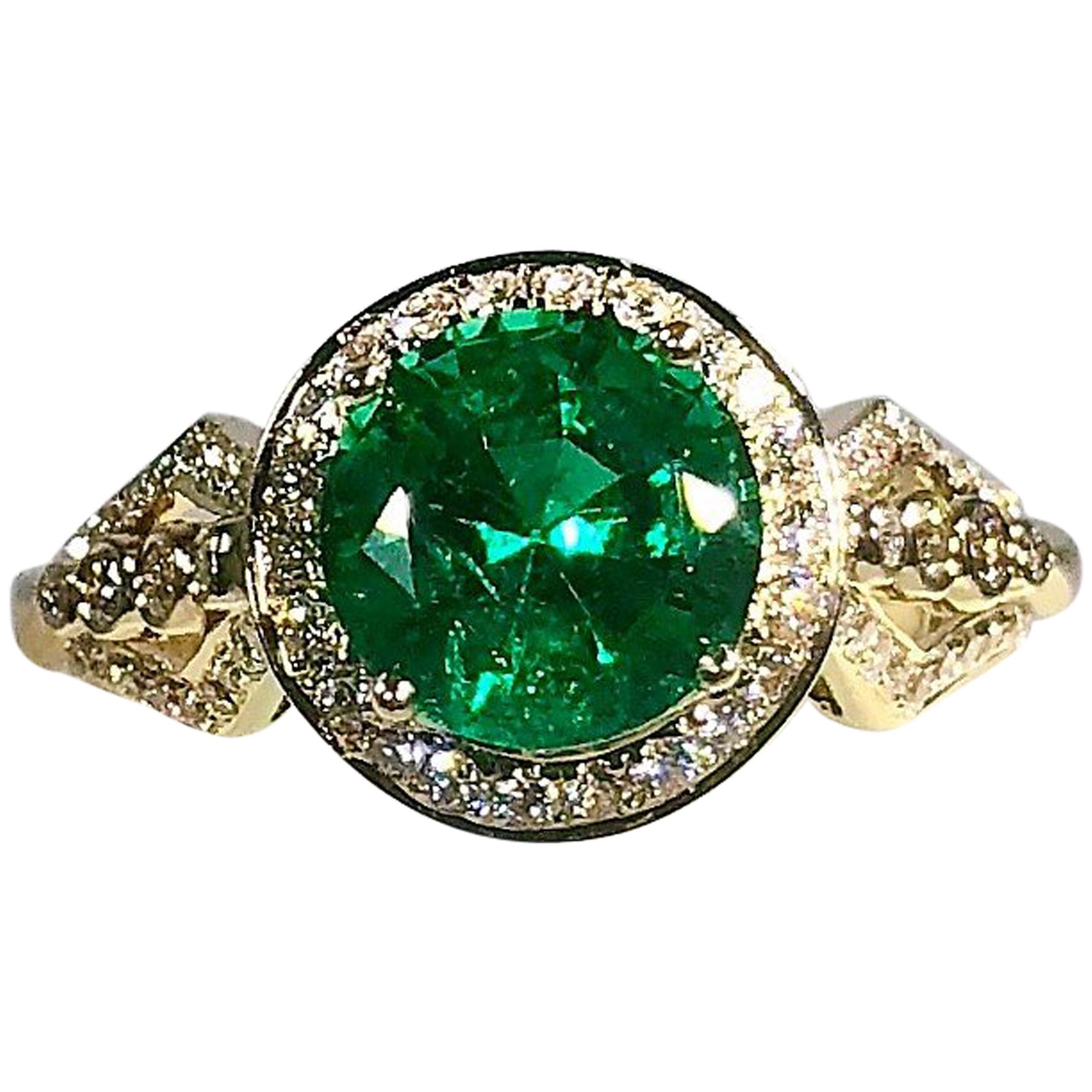 Philip Zahm Designs 18 Karat 1.81 Carat Round Zambian Emerald and Diamond Ring