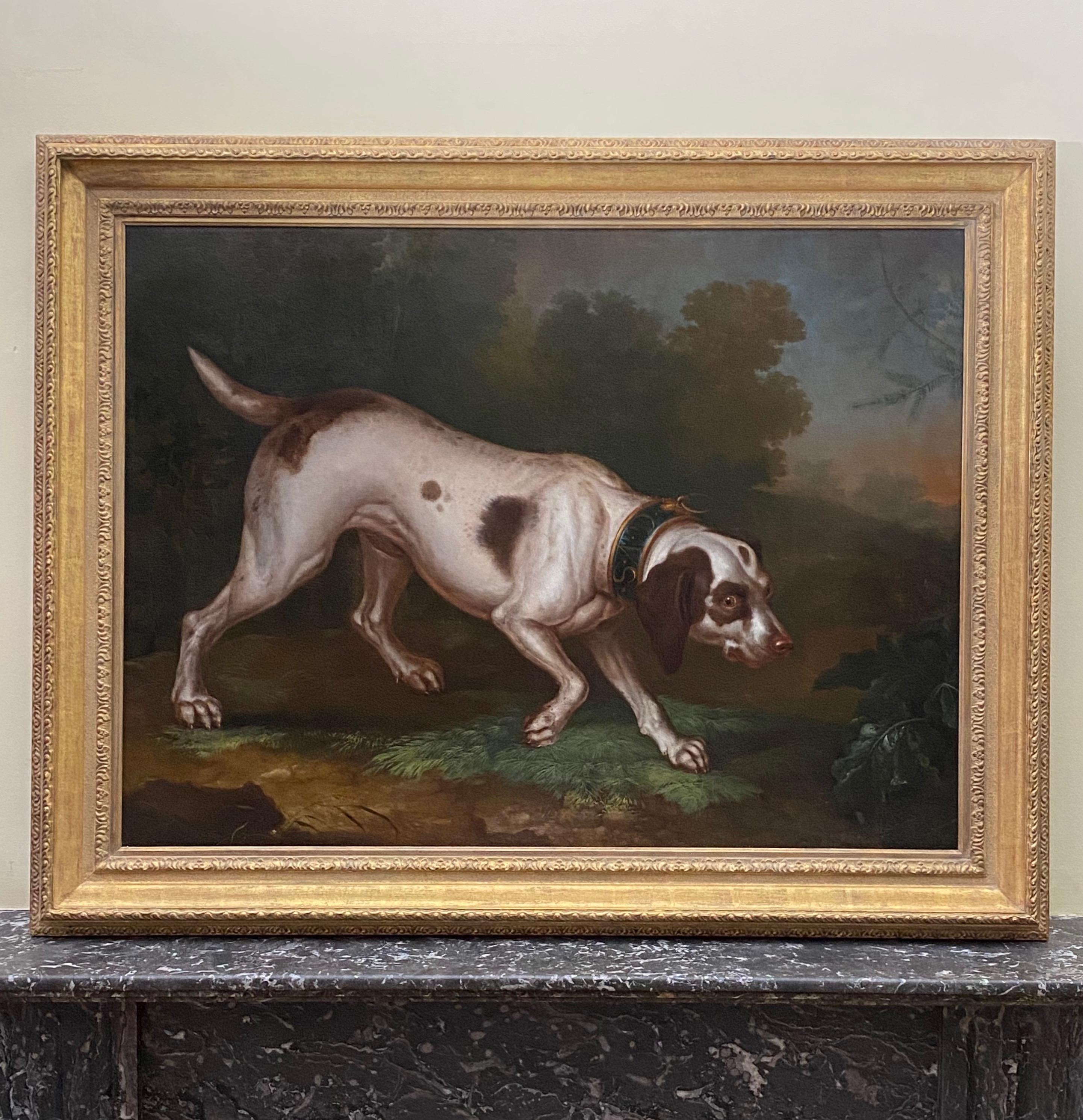 EARLY 18TH CENTURY SPORTING OIL - A POINTER DOG HUNTING IN A LANDSCAPE.

A fine, monumental and highly decorative early eighteenth century sporting oil on canvas of a pointer in a landscape wearing a wide collar initialled G V S by Philipp Ferdinand