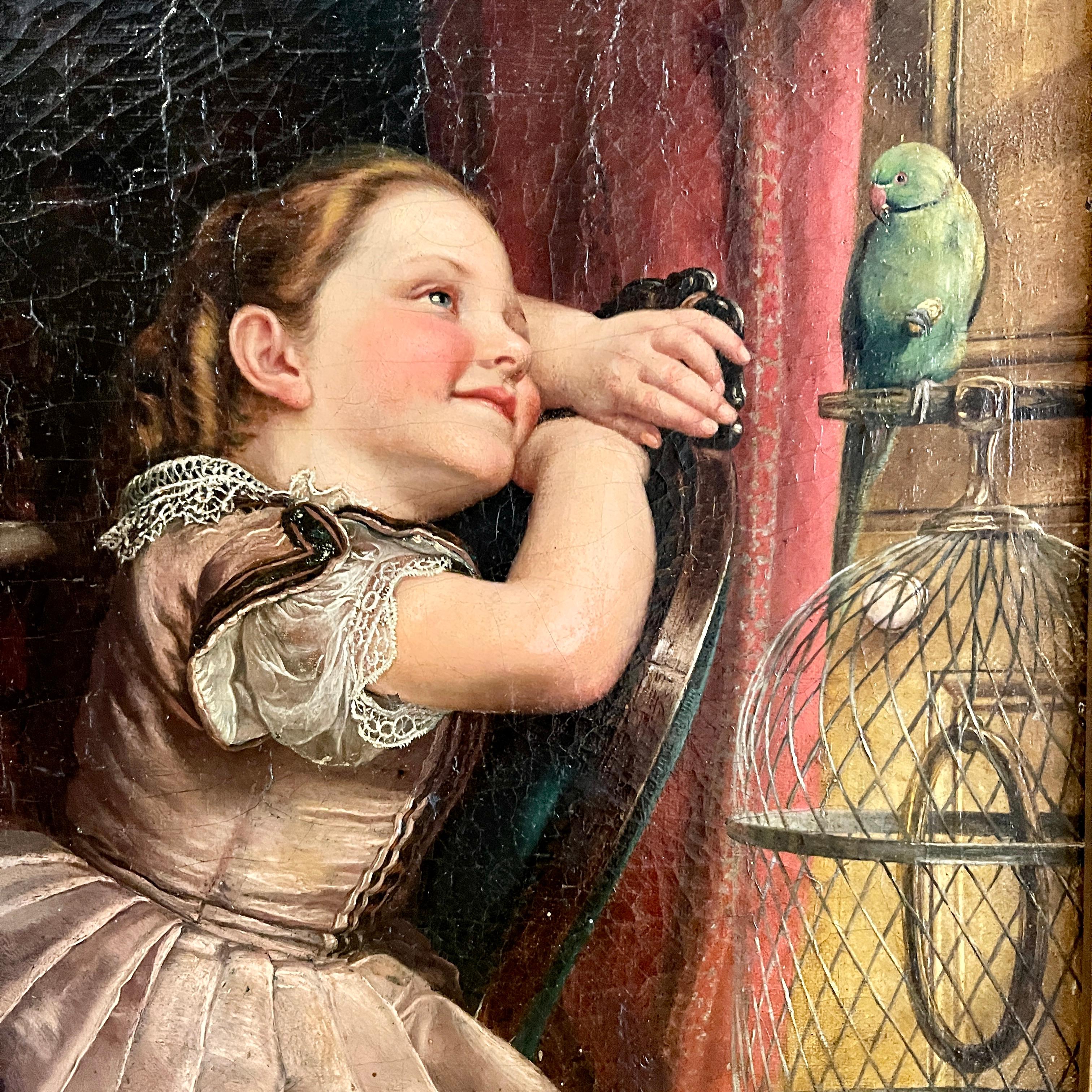 High Victorian Philipp Hoyall Oil Painted Chromolithograph, Our Pet Polly For Sale