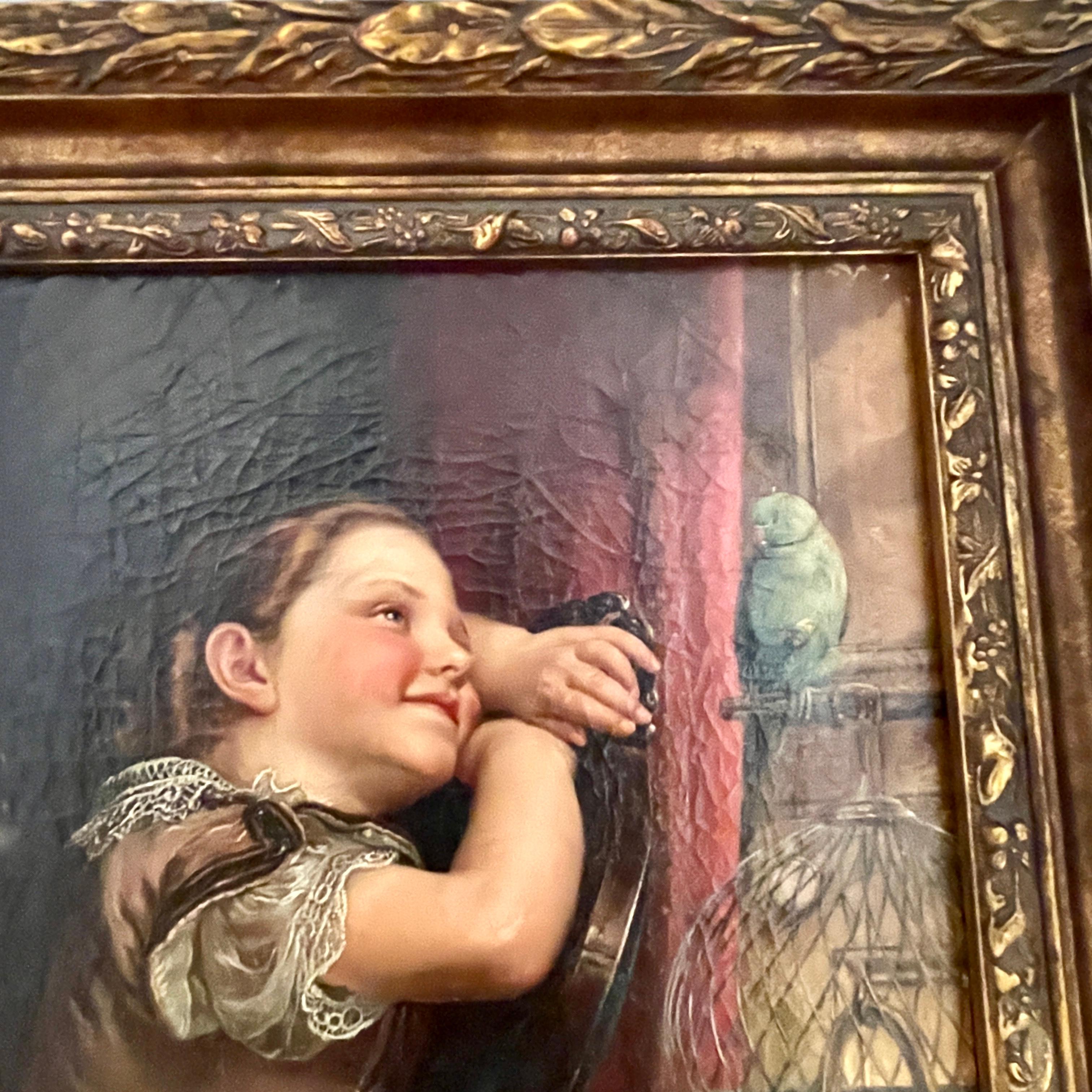 19th Century Philipp Hoyall Oil Painted Chromolithograph, Our Pet Polly For Sale