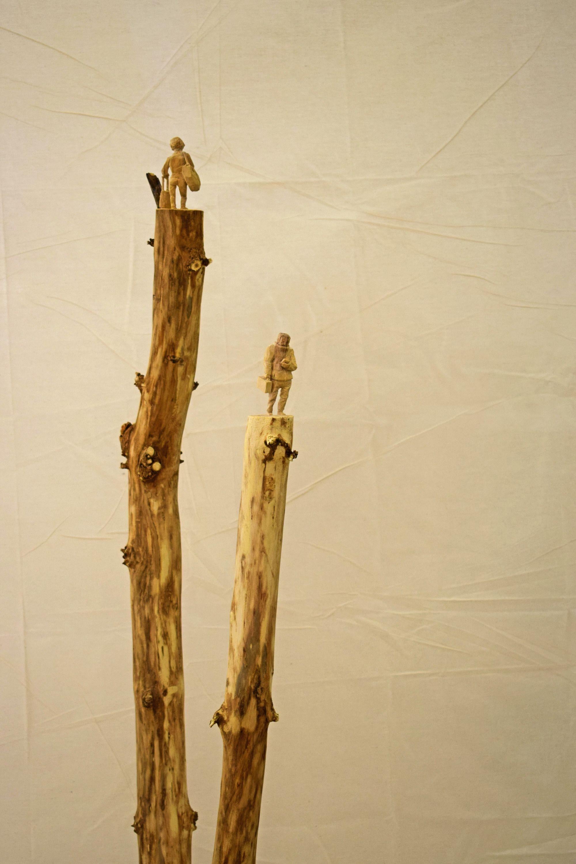 Philipp Liehr Figurative Sculpture - Communication - Wood sculpture, figurative sculpture, wood carving