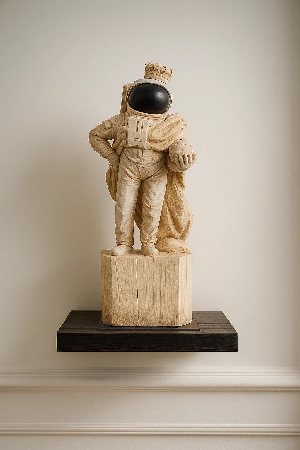 ''King of the Moon'' Unique Wooden Sculpture of Astronaut with Crown For Sale 9
