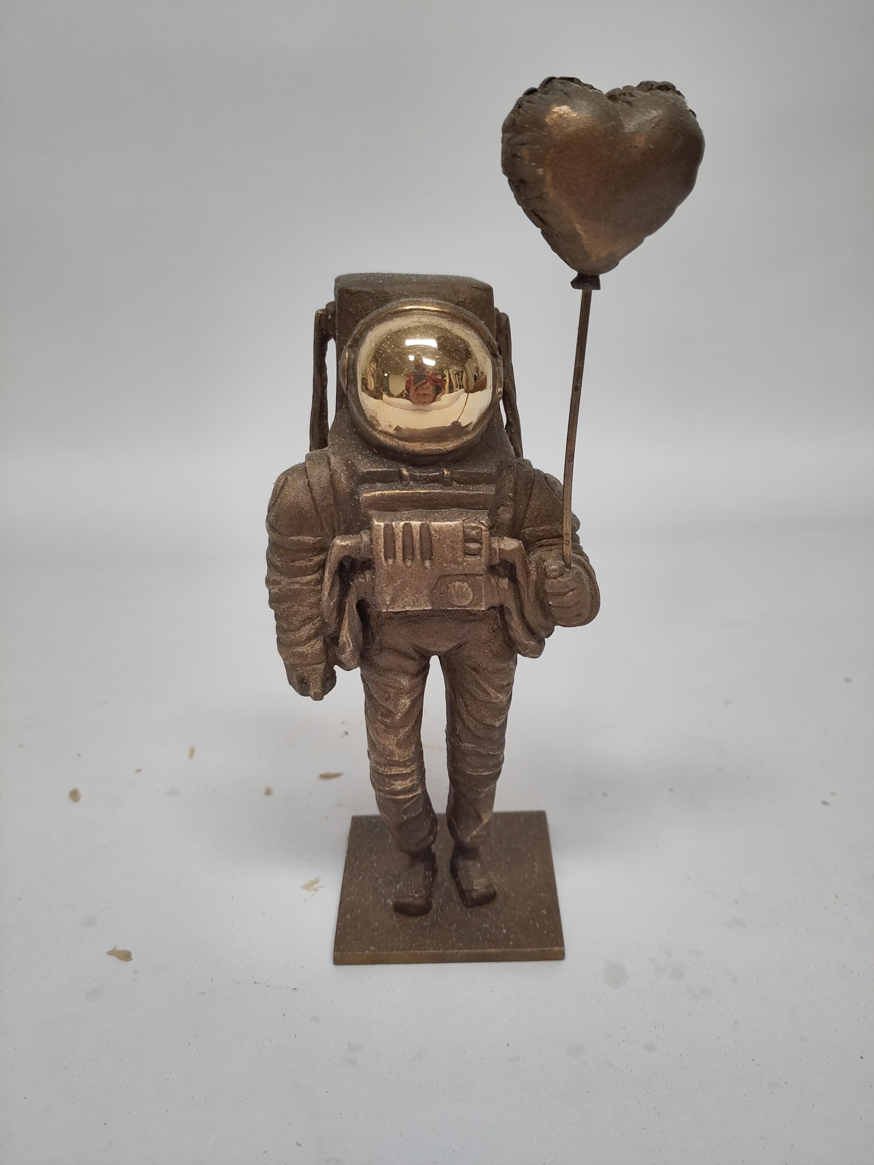 Philipp Liehr Figurative Sculpture - ''Love is the Message'' Bronze Sculpture of Astronaut with Heart Balloon