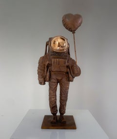 ''Love is the Message'' Bronze Sculpture of Astronaut with Heart Balloon