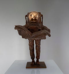 ''News from Earth'' Bronze Sculpture of Astronaut with a Newspaper