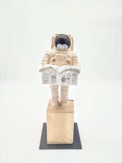 ''News from Earth'' Unique Wooden Sculpture of Astronaut with Newspaper