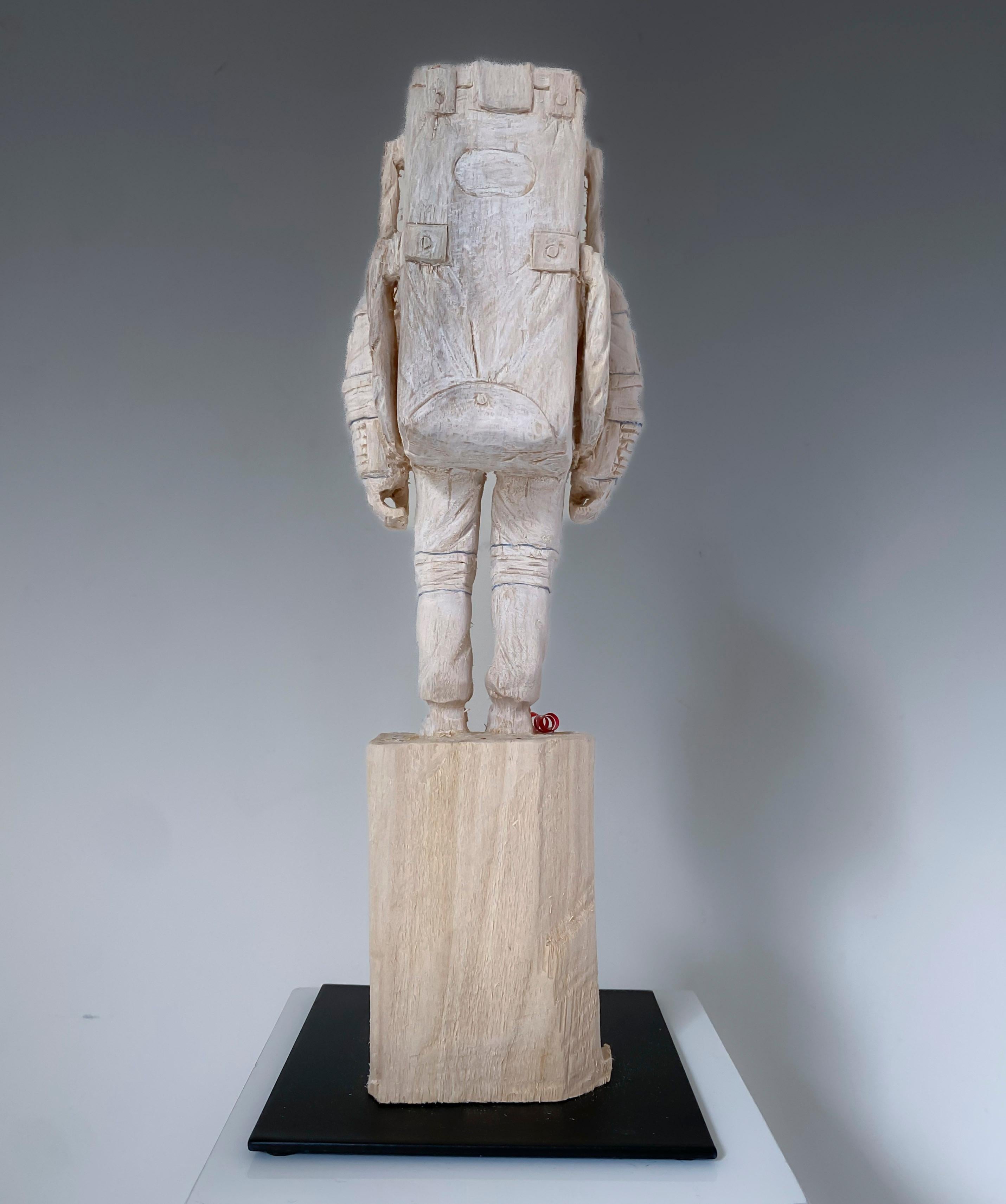 ''Partynaut'' Unique Wooden Sculpture of Astronaut with Party Hat and Confetti - Brown Figurative Sculpture by Philipp Liehr
