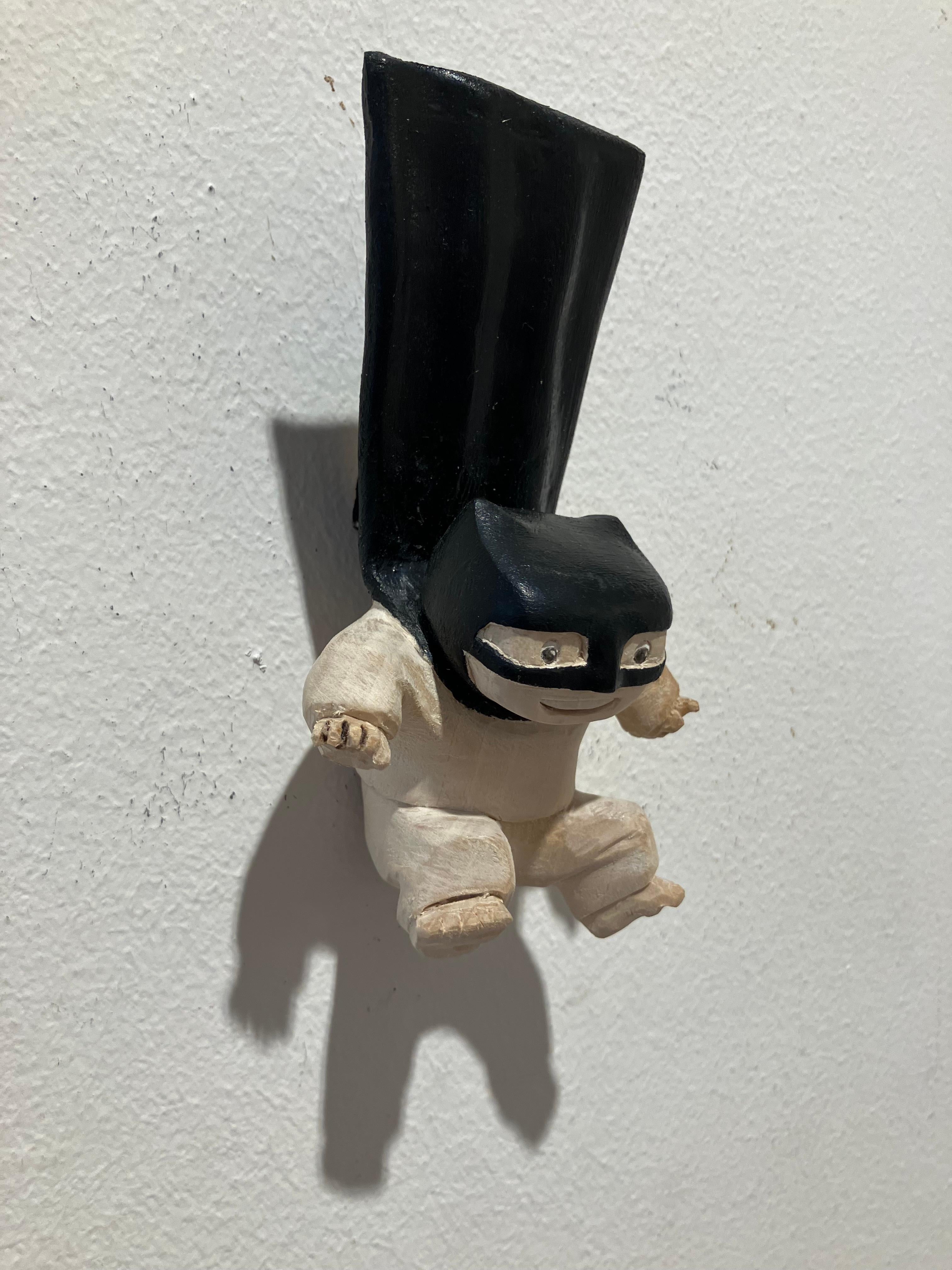 ''Superhero Flies'' Unique Wooden Sculpture of a Boy with a Black Cape For Sale 1