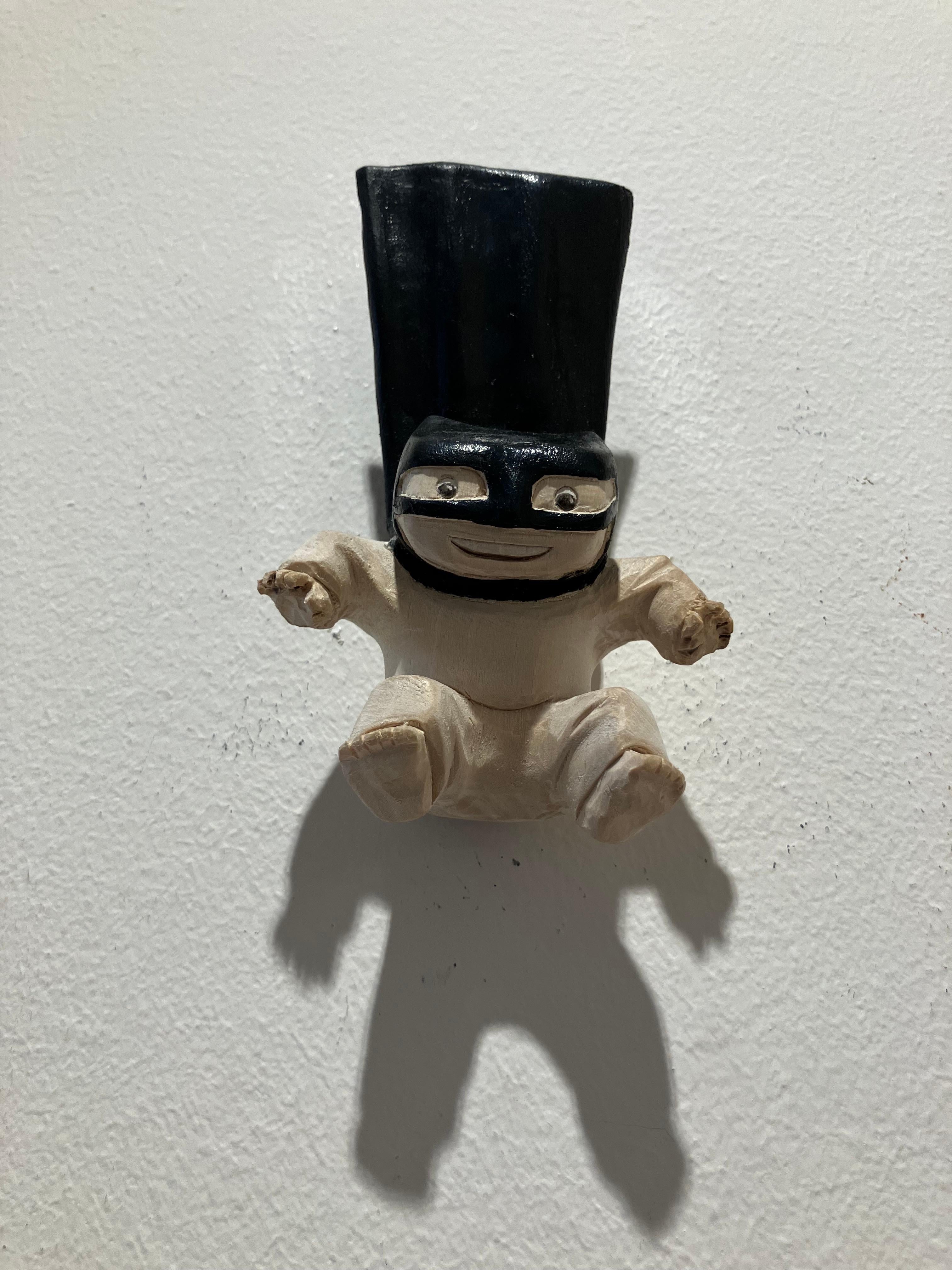 ''Superhero Flies'' Unique Wooden Sculpture of a Boy with a Black Cape For Sale 2