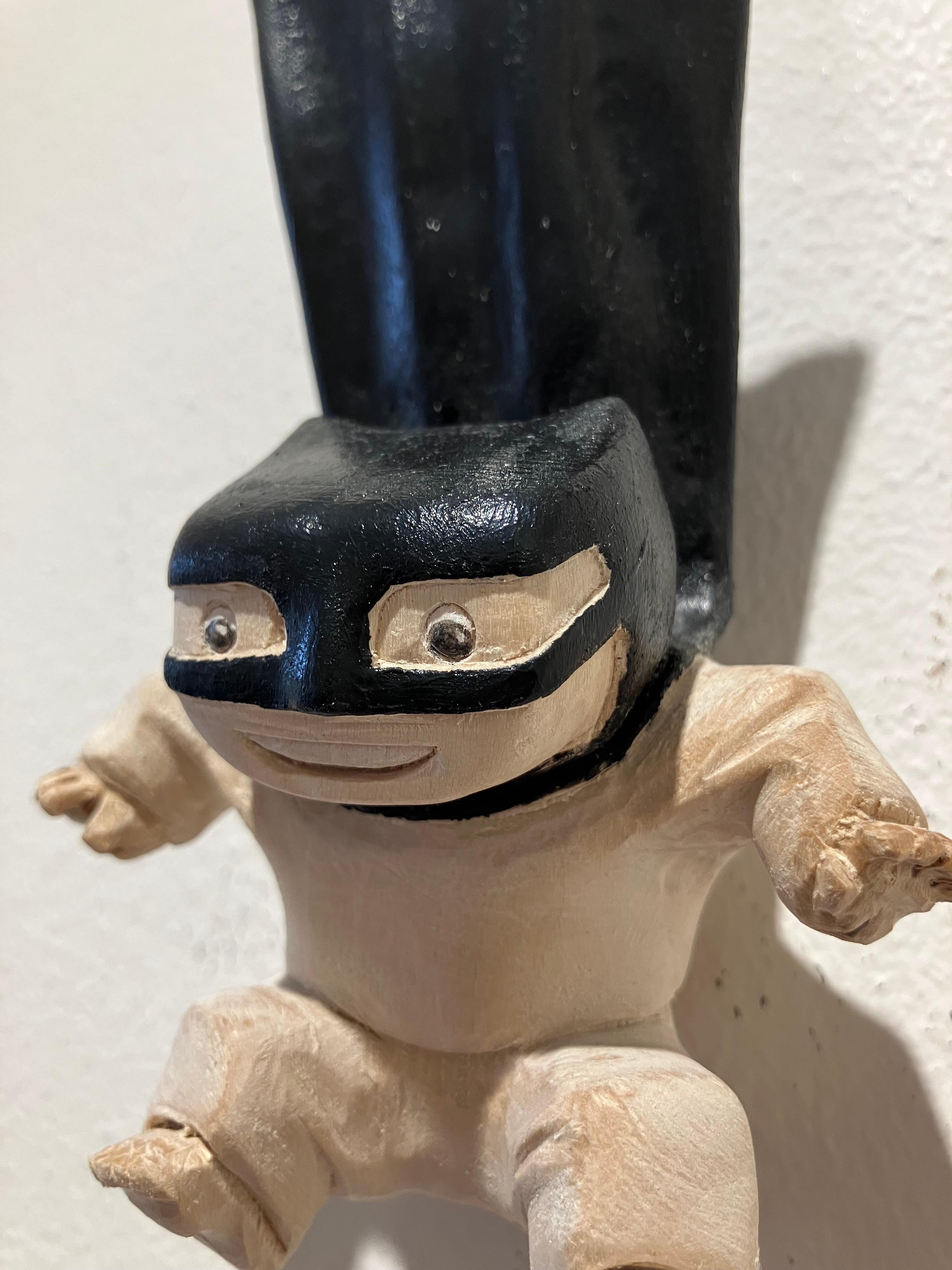 ''Superhero Flies'' Unique Wooden Sculpture of a Boy with a Black Cape For Sale 3