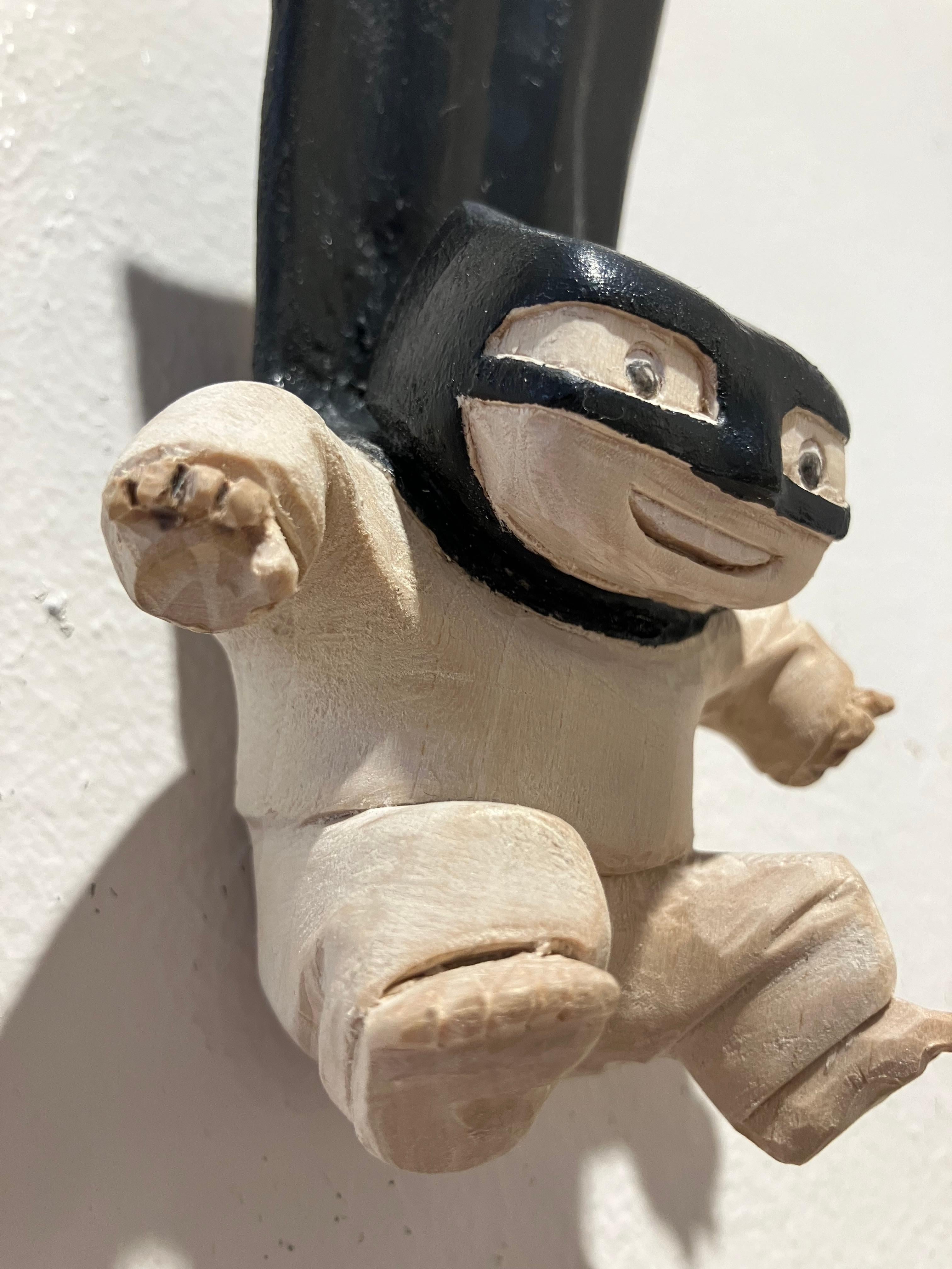 ''Superhero Flies'' Unique Wooden Sculpture of a Boy with a Black Cape For Sale 4