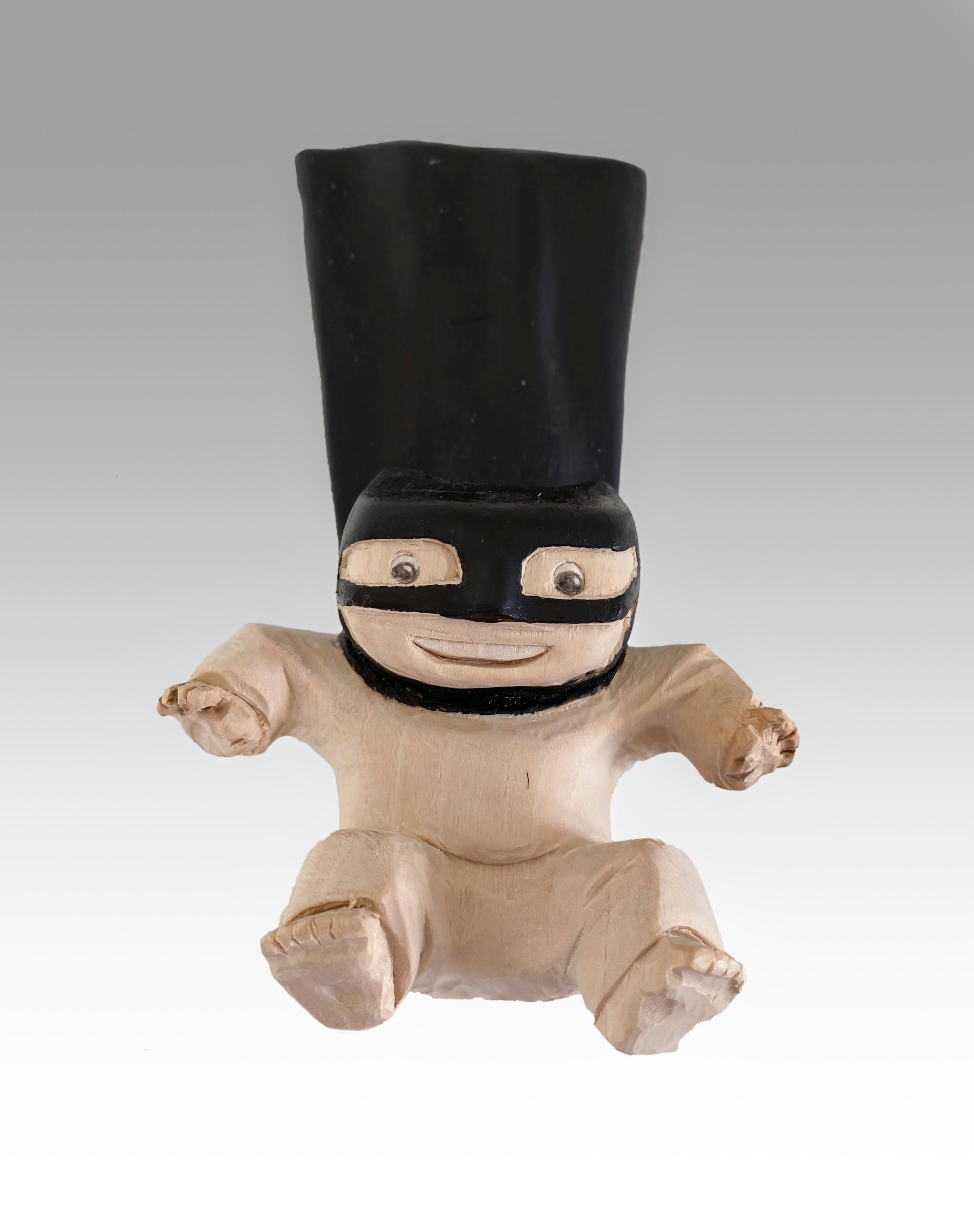 Philipp Liehr Figurative Sculpture - ''Superhero Flies'' Unique Wooden Sculpture of a Boy with a Black Cape