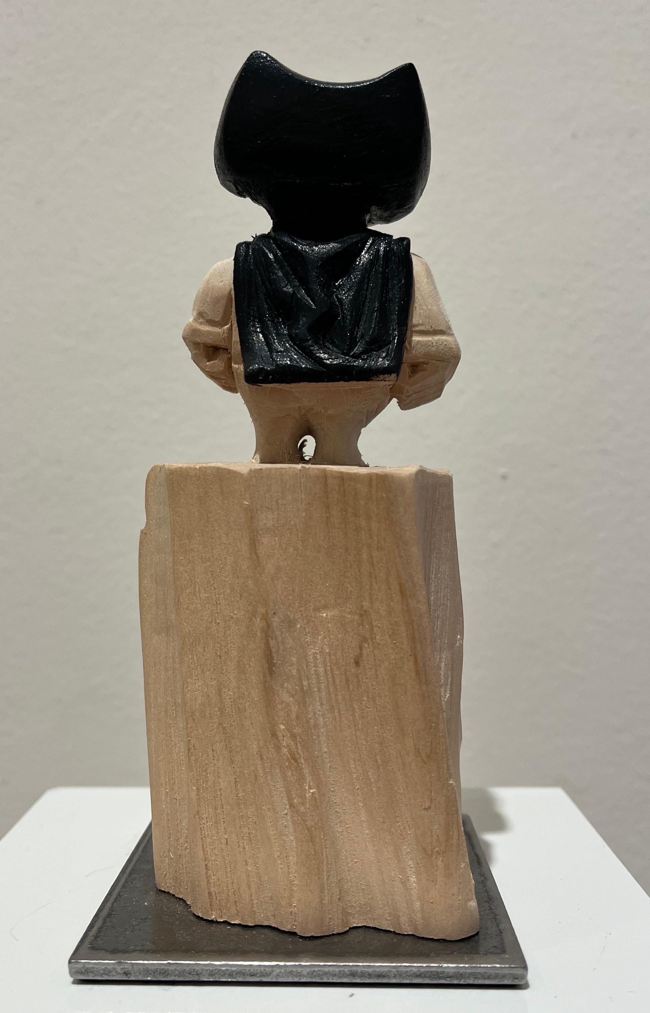 ''Superhero'' Unique Wooden Sculpture of a Boy with a Black Cape For Sale 2