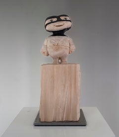 ''Superhero'' Unique Wooden Sculpture of a Boy with a Black Cape