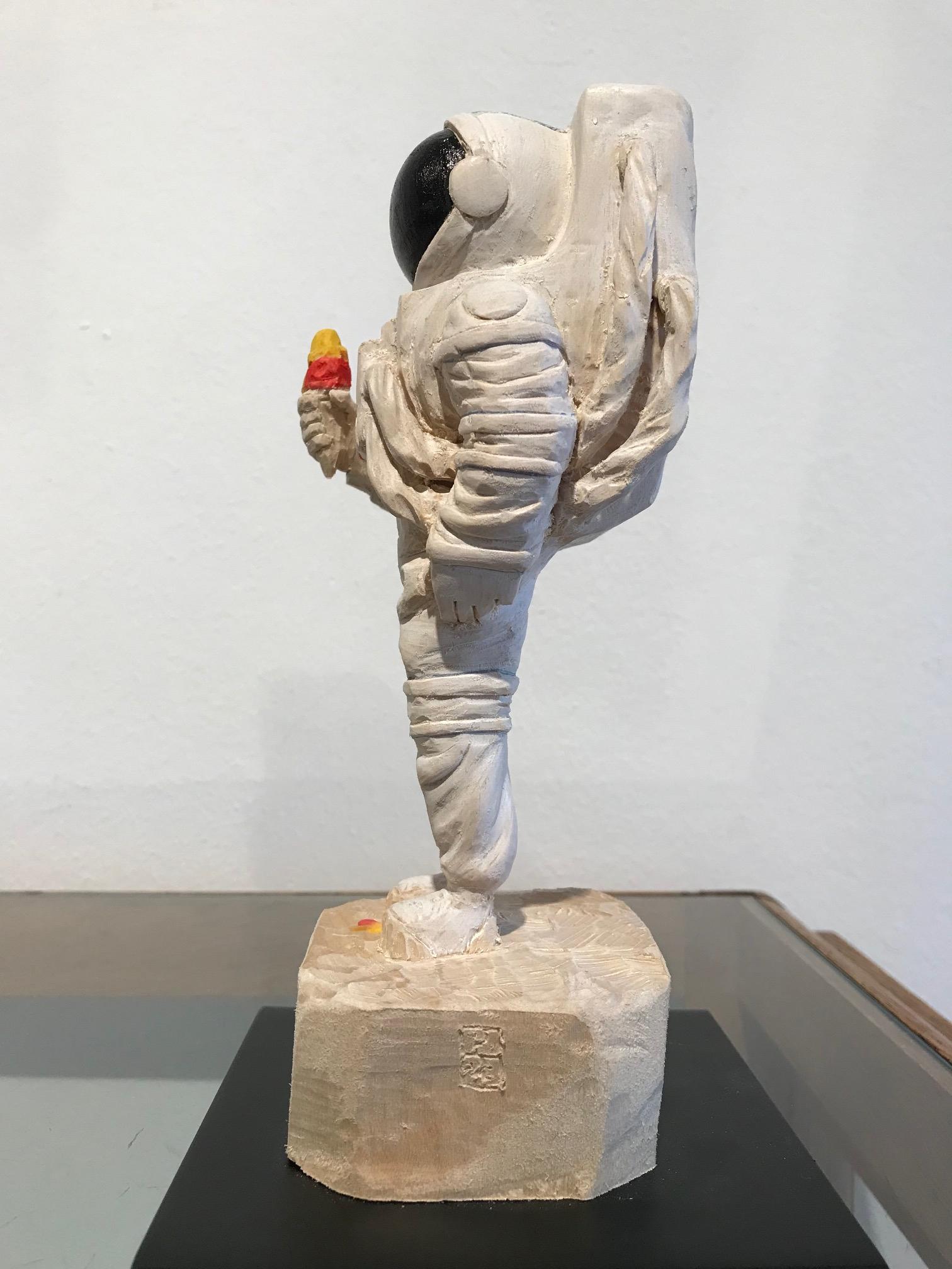 ''Sweet Tooth'' Unique Wooden Sculpture of Astronaut with Ice Cream For Sale 4