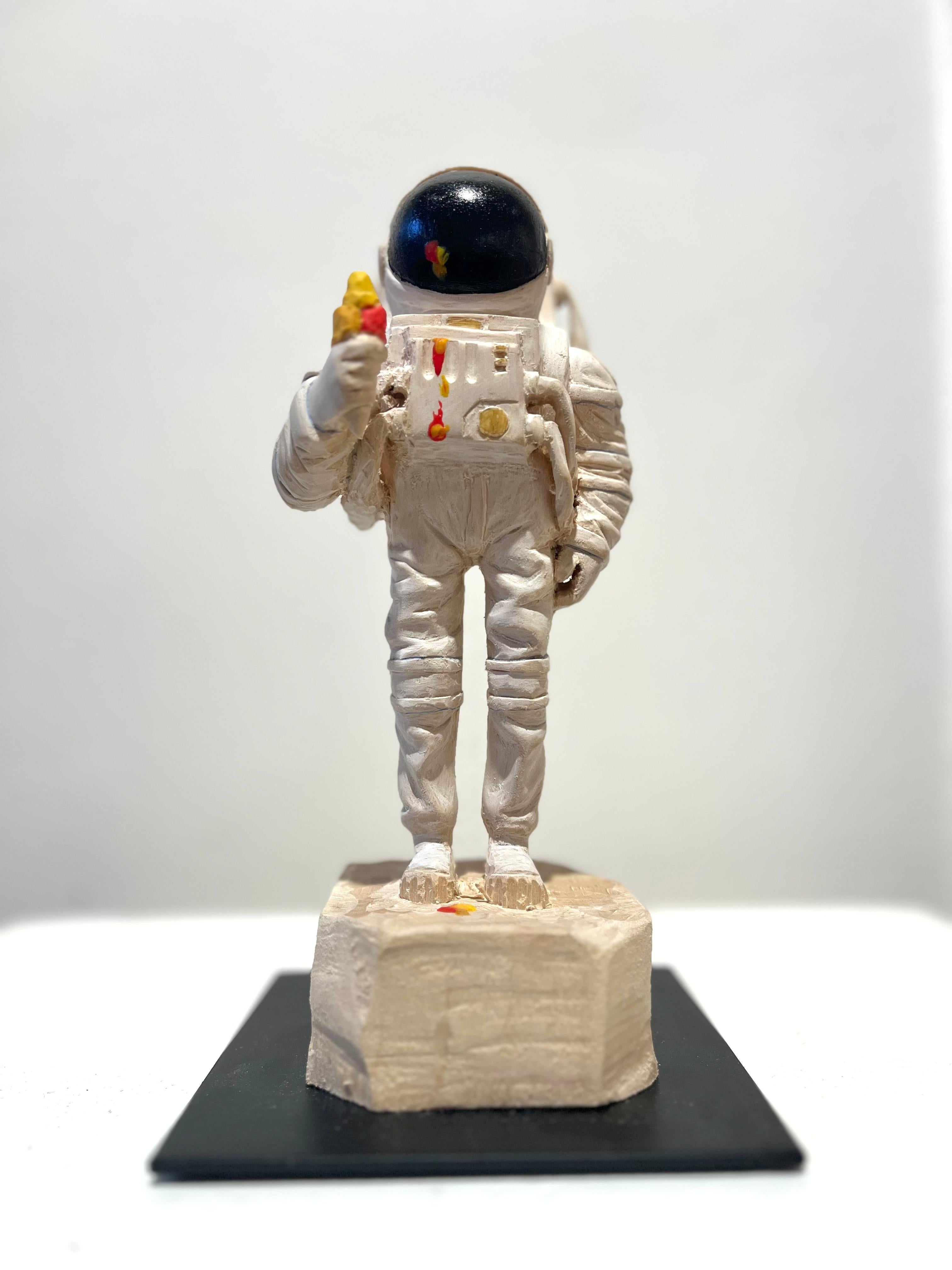Philipp Liehr Figurative Sculpture - ''Sweet Tooth'' Unique Wooden Sculpture of Astronaut with Ice Cream