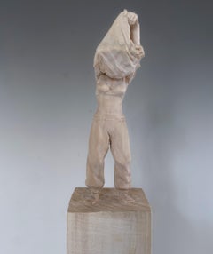 ''Undress X'' Unique Wooden Sculpture of a Figure Undressing, Lindewood